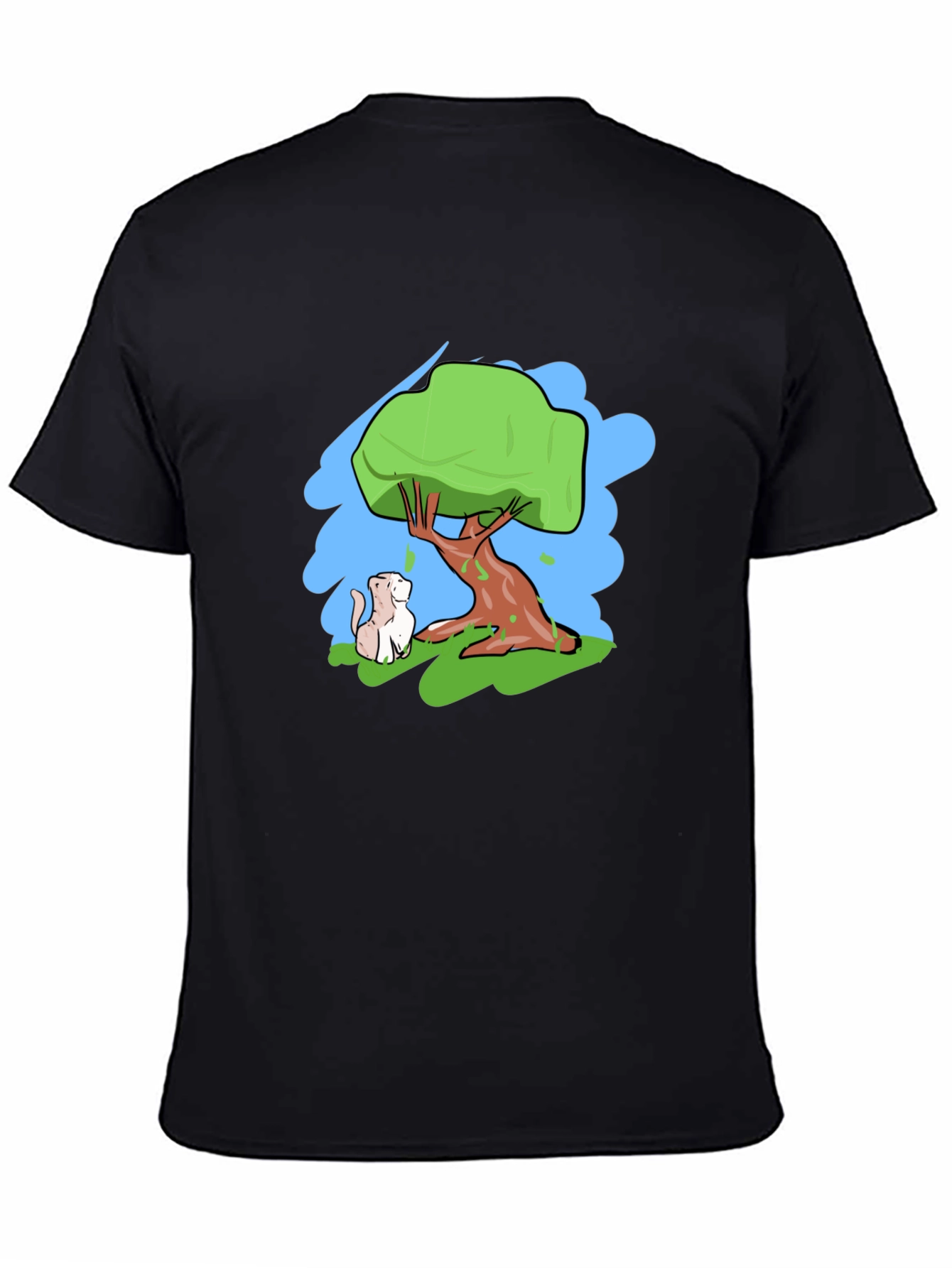 Cartoon Tree & Cat Graphic Black T-Shirt