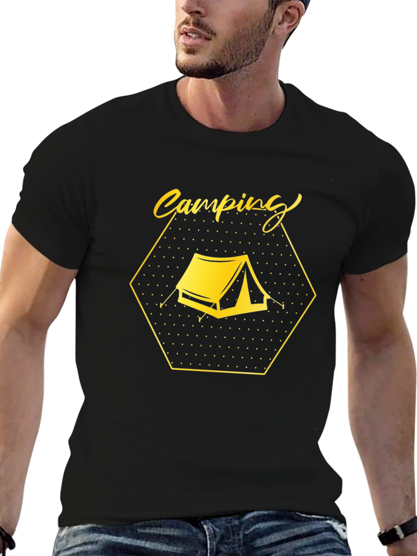 Camping Tent Graphic Tee - Black Cotton Comfort