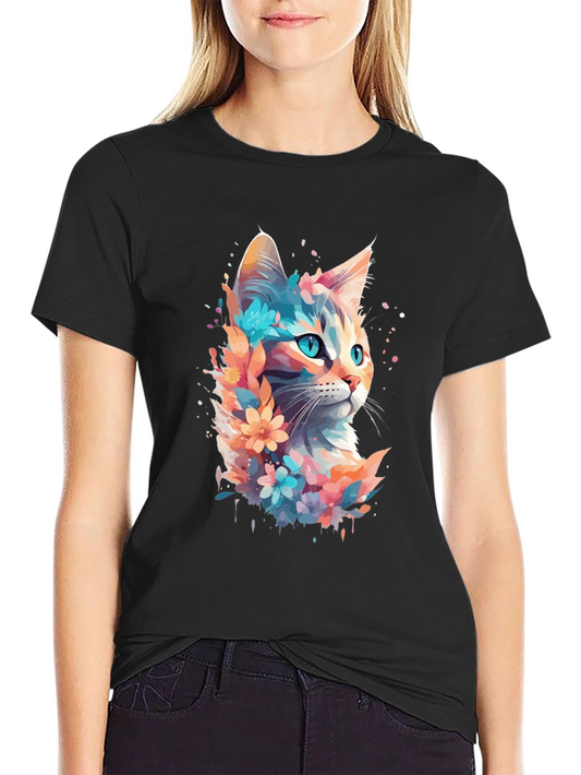 Floral Cat Watercolor Graphic Tee - Unisex Black T-Shirt