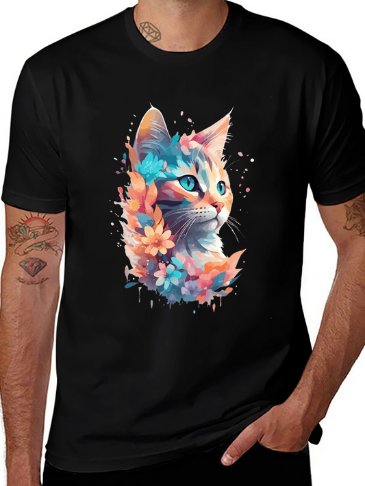 Floral Cat Watercolor Graphic Tee - Unisex Black T-Shirt