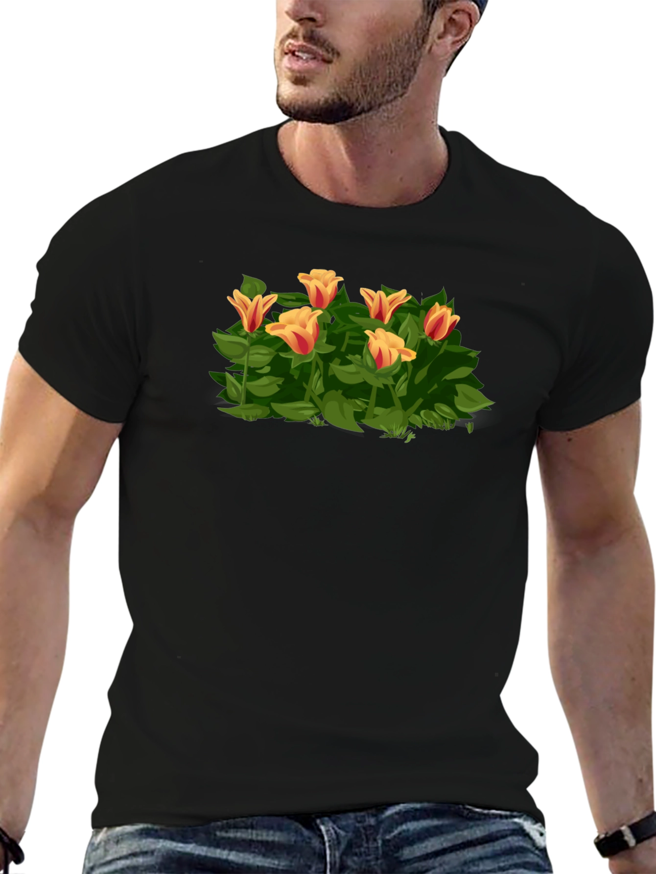 Floral Tulip Graphic Tee - Stylish Black T-Shirt