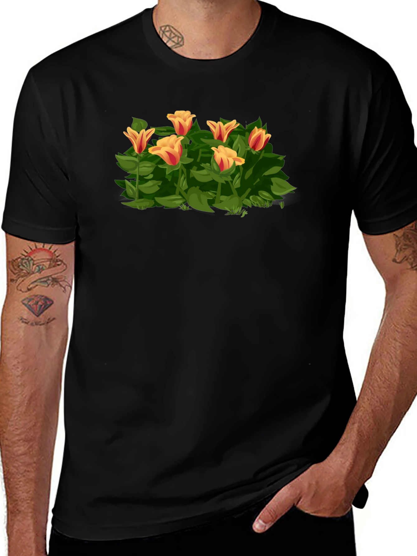 Floral Tulip Graphic Tee - Stylish Black T-Shirt