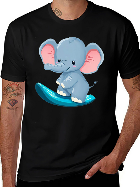 Cute Elephant Surfing Tee - Black Cotton T-Shirt