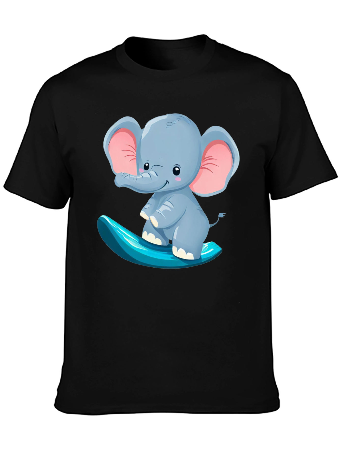 Cute Elephant Surfing Tee - Black Cotton T-Shirt