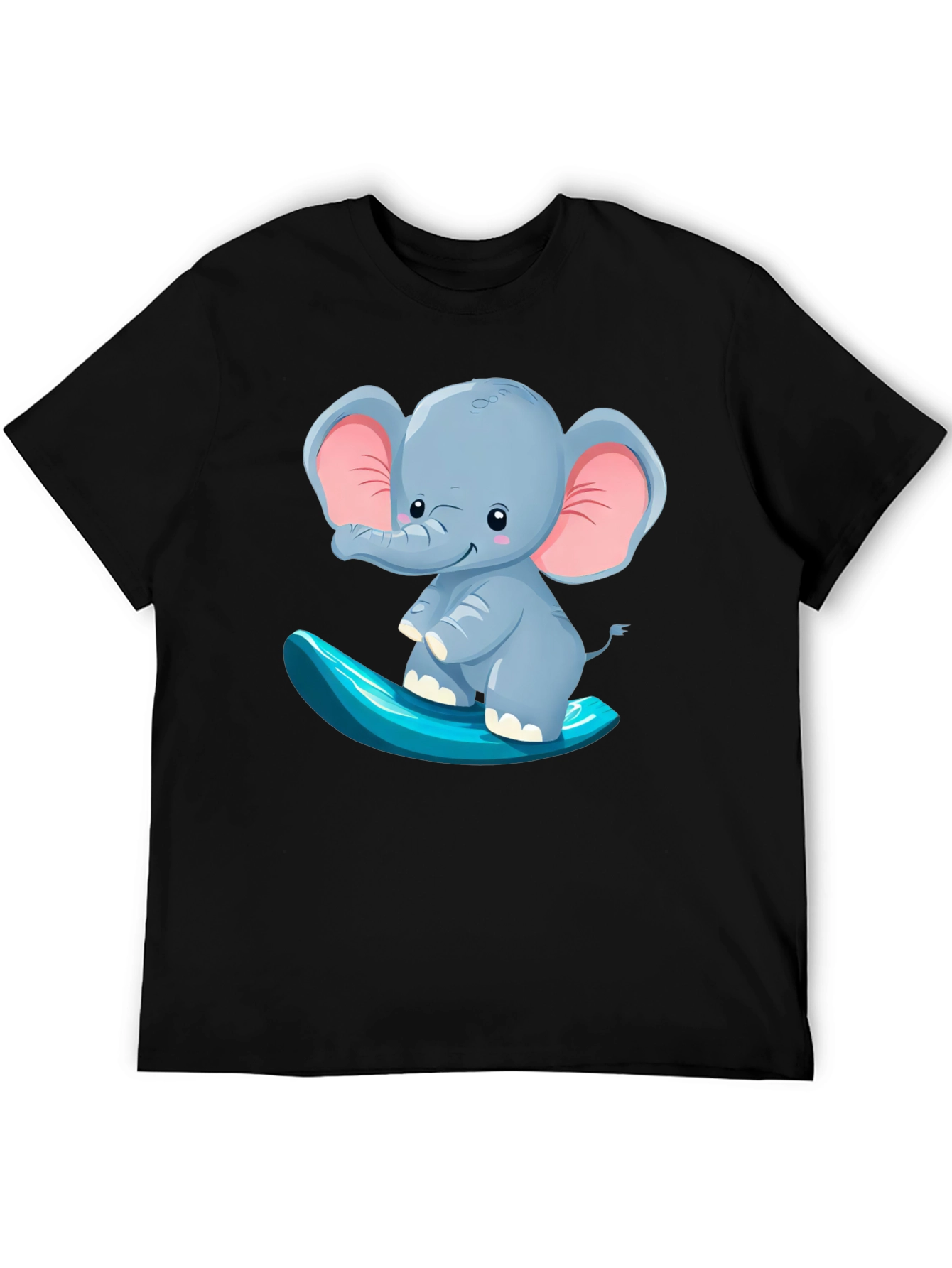 Cute Elephant Surfing Tee - Black Cotton T-Shirt