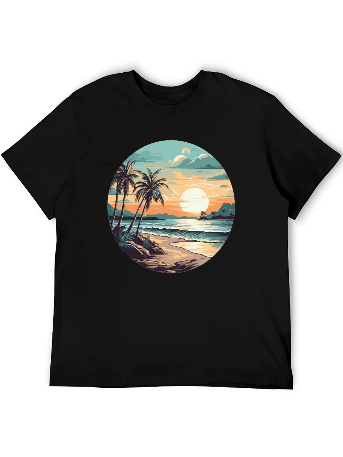Tropical Beach Sunset Graphic Tee - Black