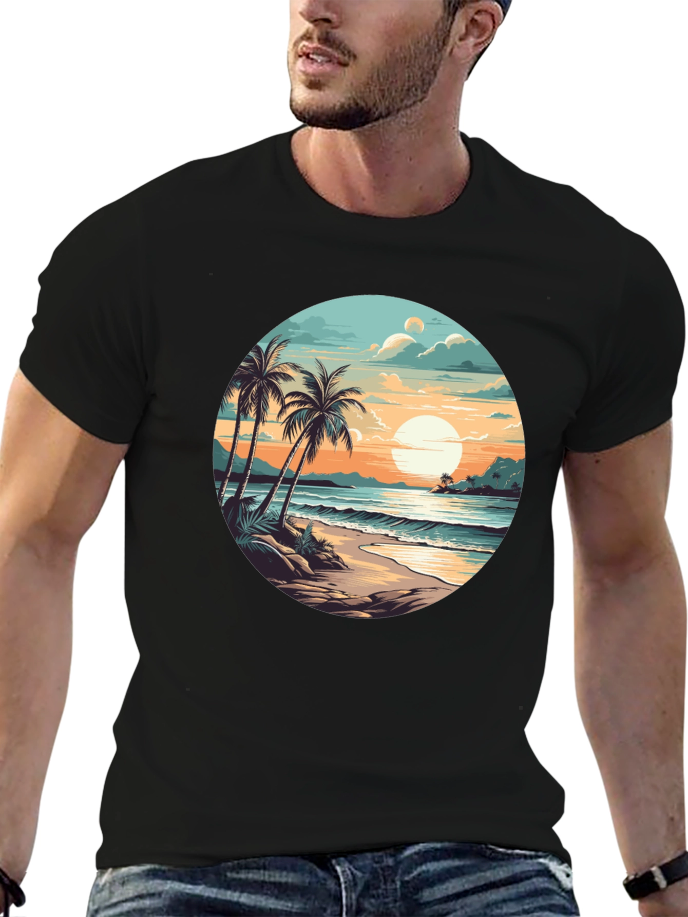 Tropical Beach Sunset Graphic Tee - Black