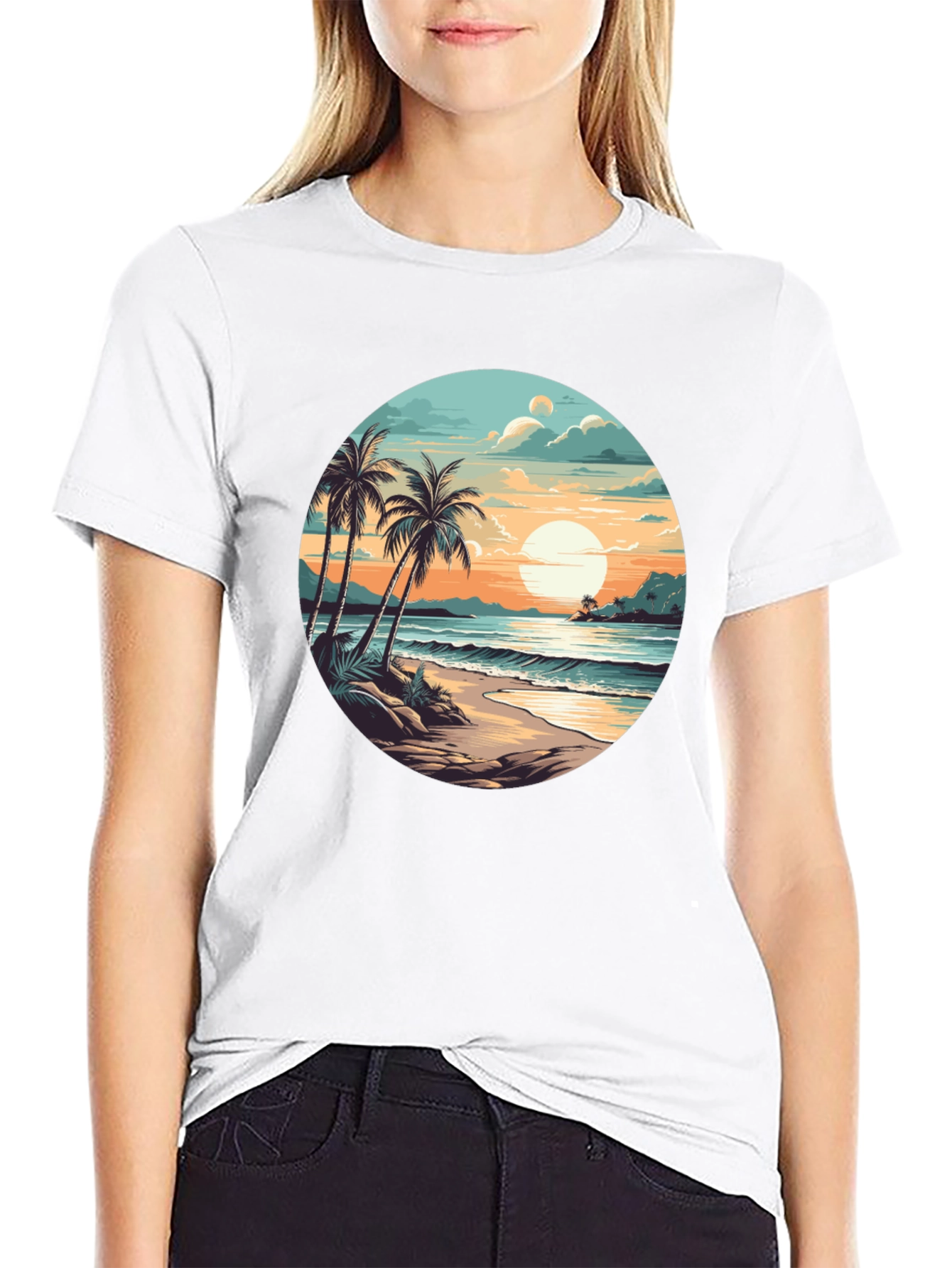 Tropical Beach Sunset Graphic Tee - Black