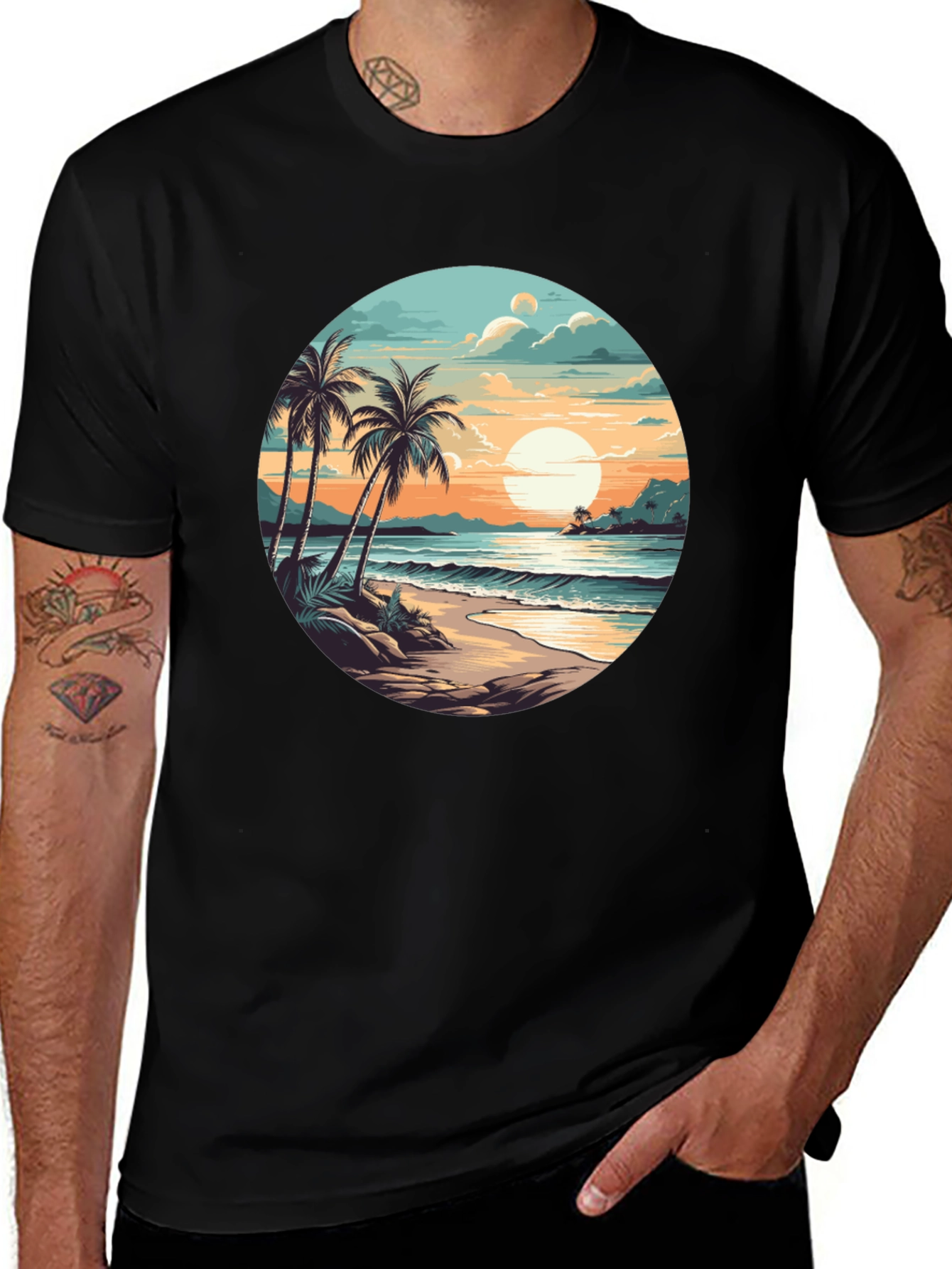 Tropical Beach Sunset Graphic Tee - Black