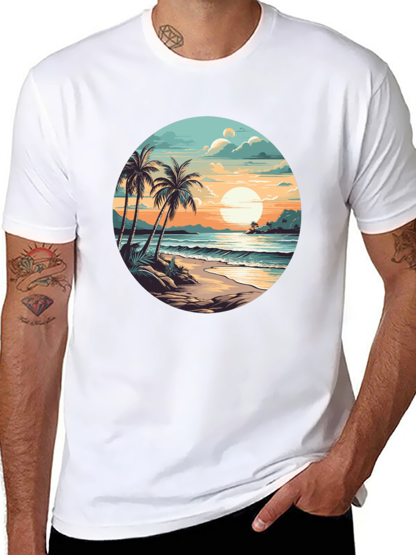 Tropical Beach Sunset Graphic Tee - Black