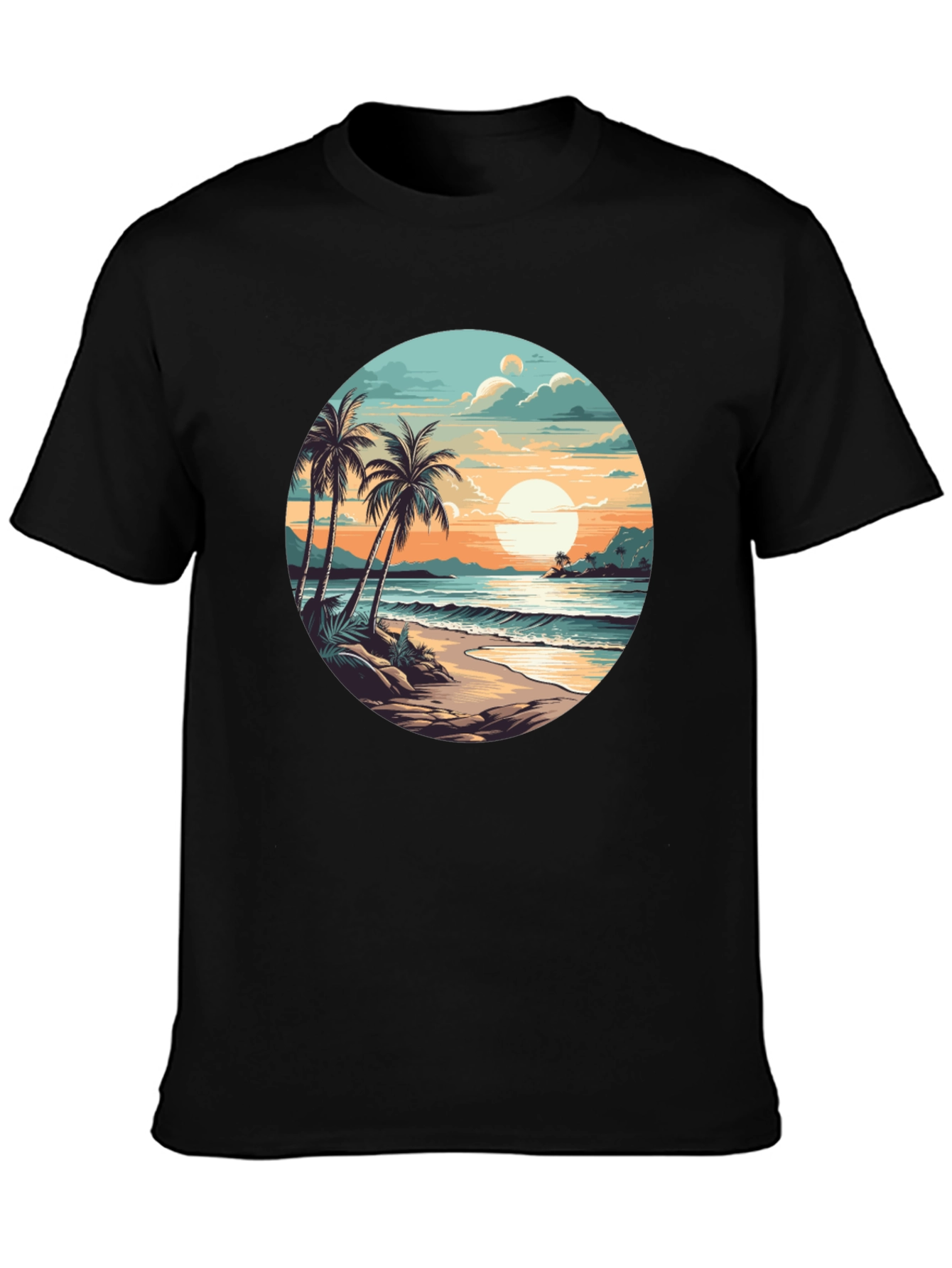 Tropical Beach Sunset Graphic Tee - Black