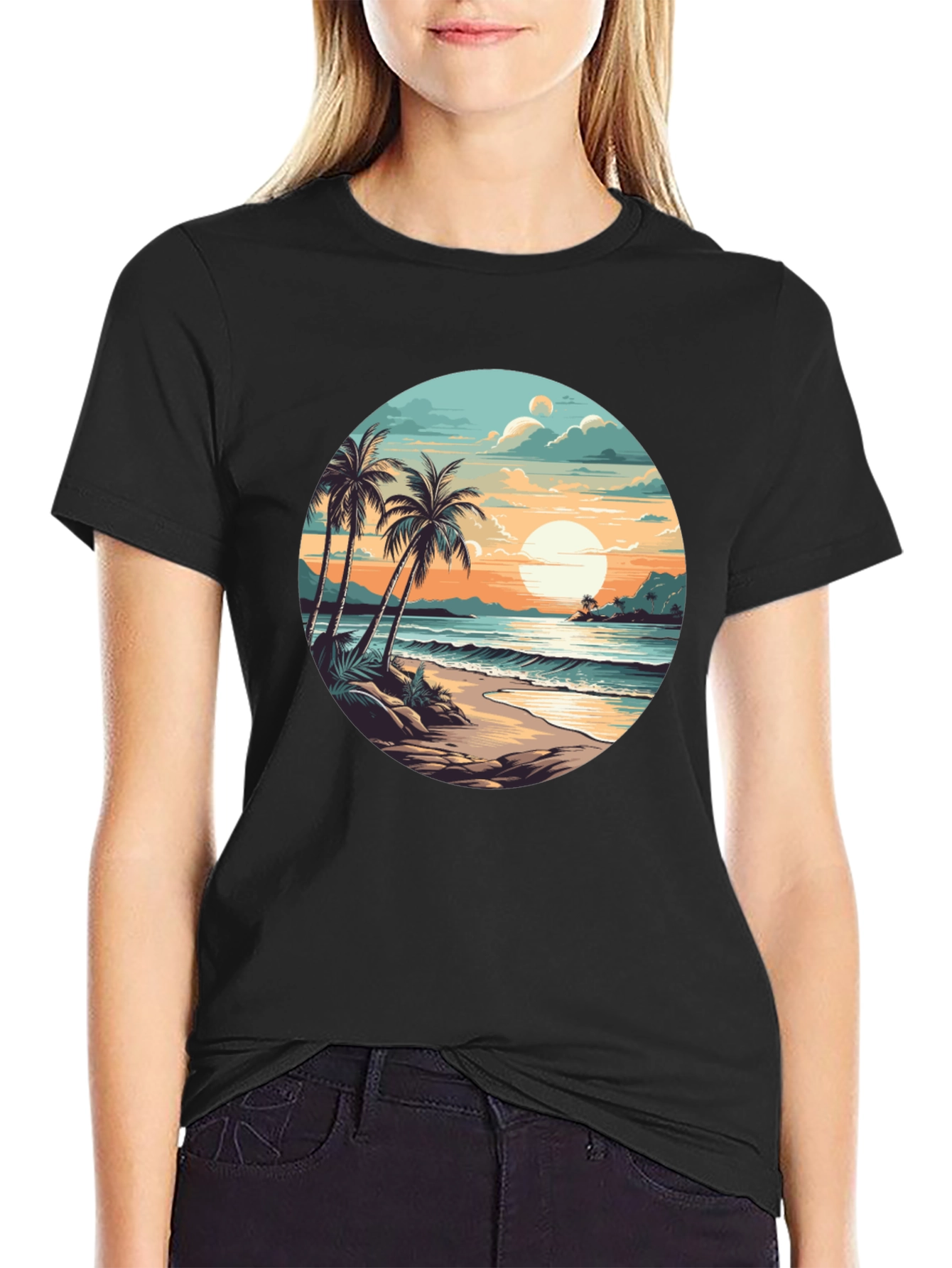 Tropical Beach Sunset Graphic Tee - Black