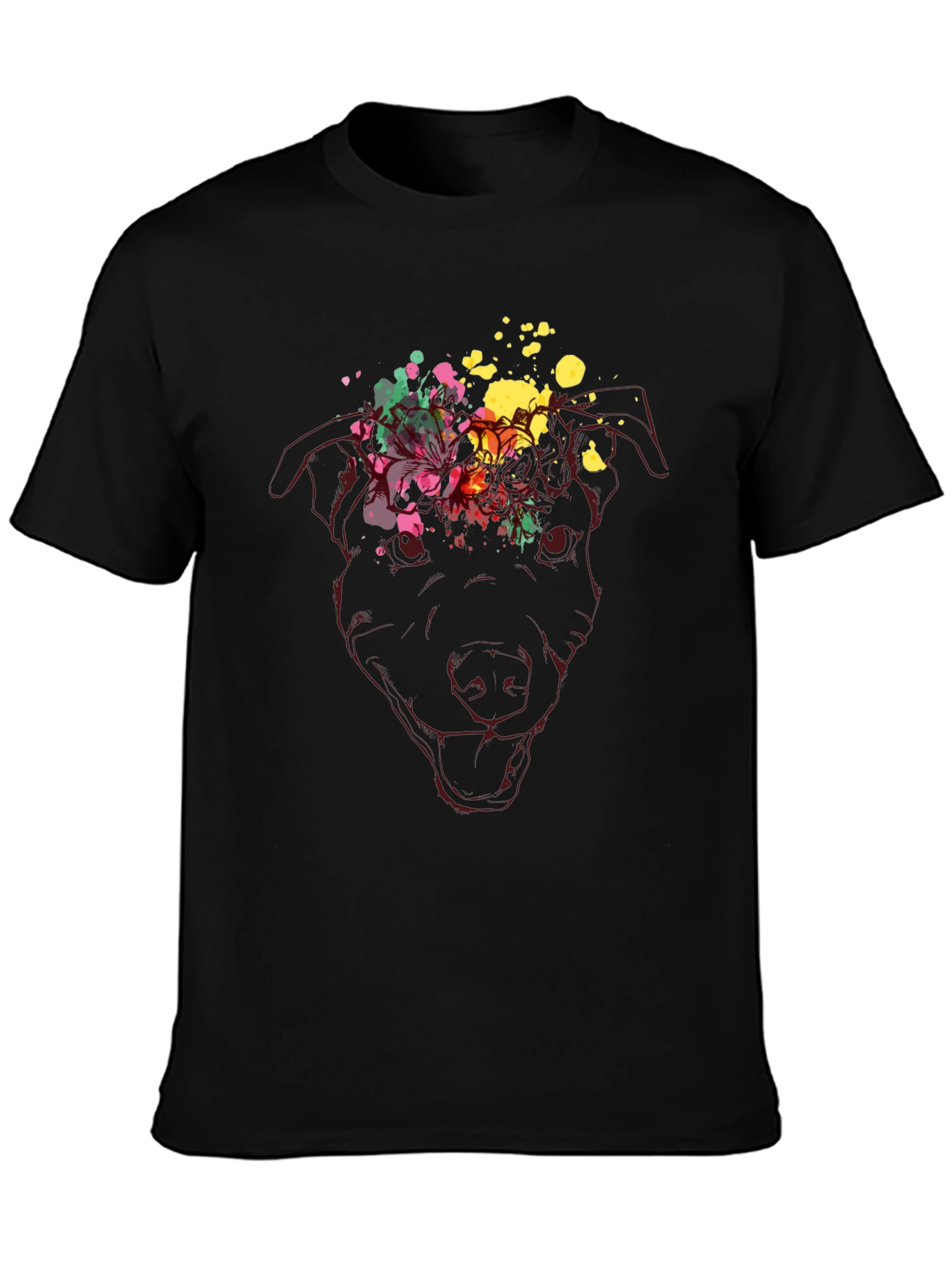 Dog Head Floral Splash Graphic Tee - Black