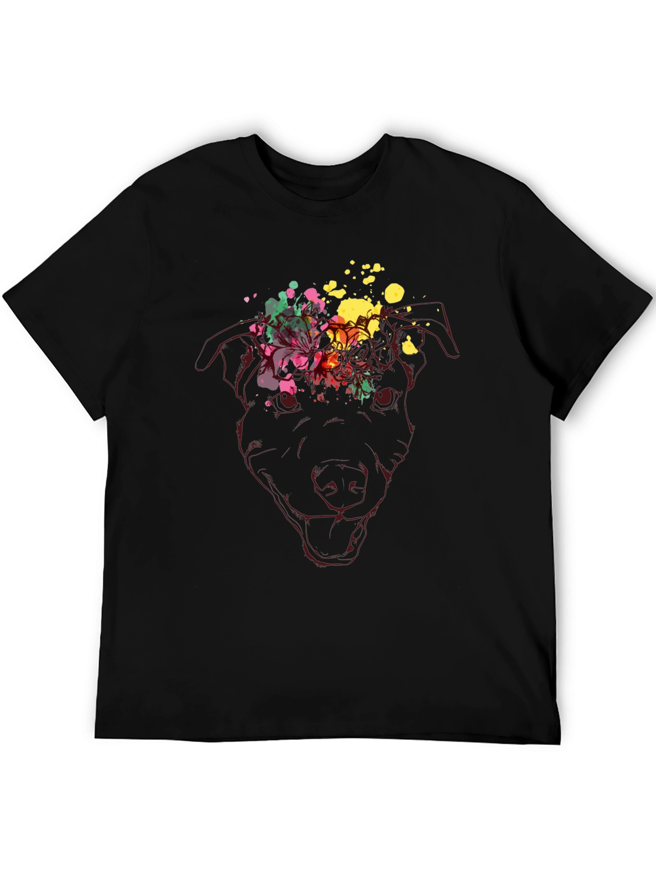 Dog Head Floral Splash Graphic Tee - Black