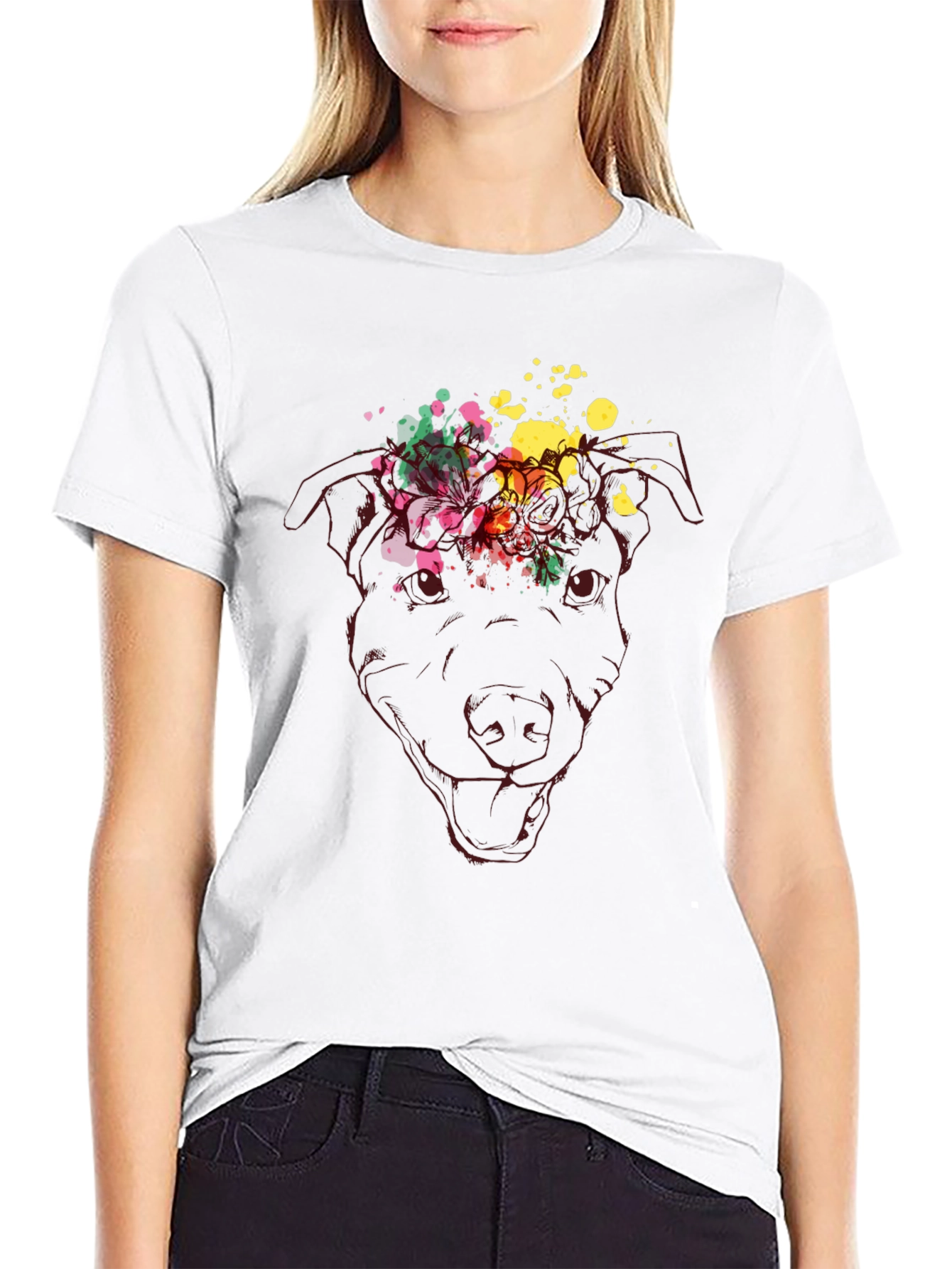 Dog Head Floral Splash Graphic Tee - Black