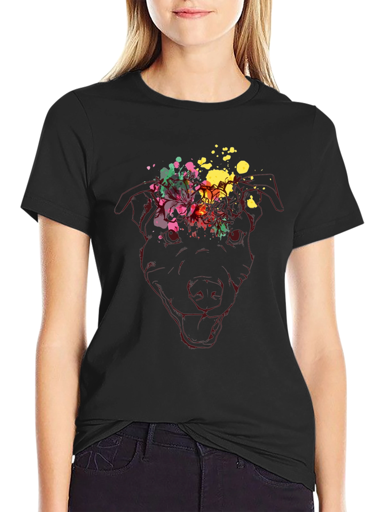 Dog Head Floral Splash Graphic Tee - Black