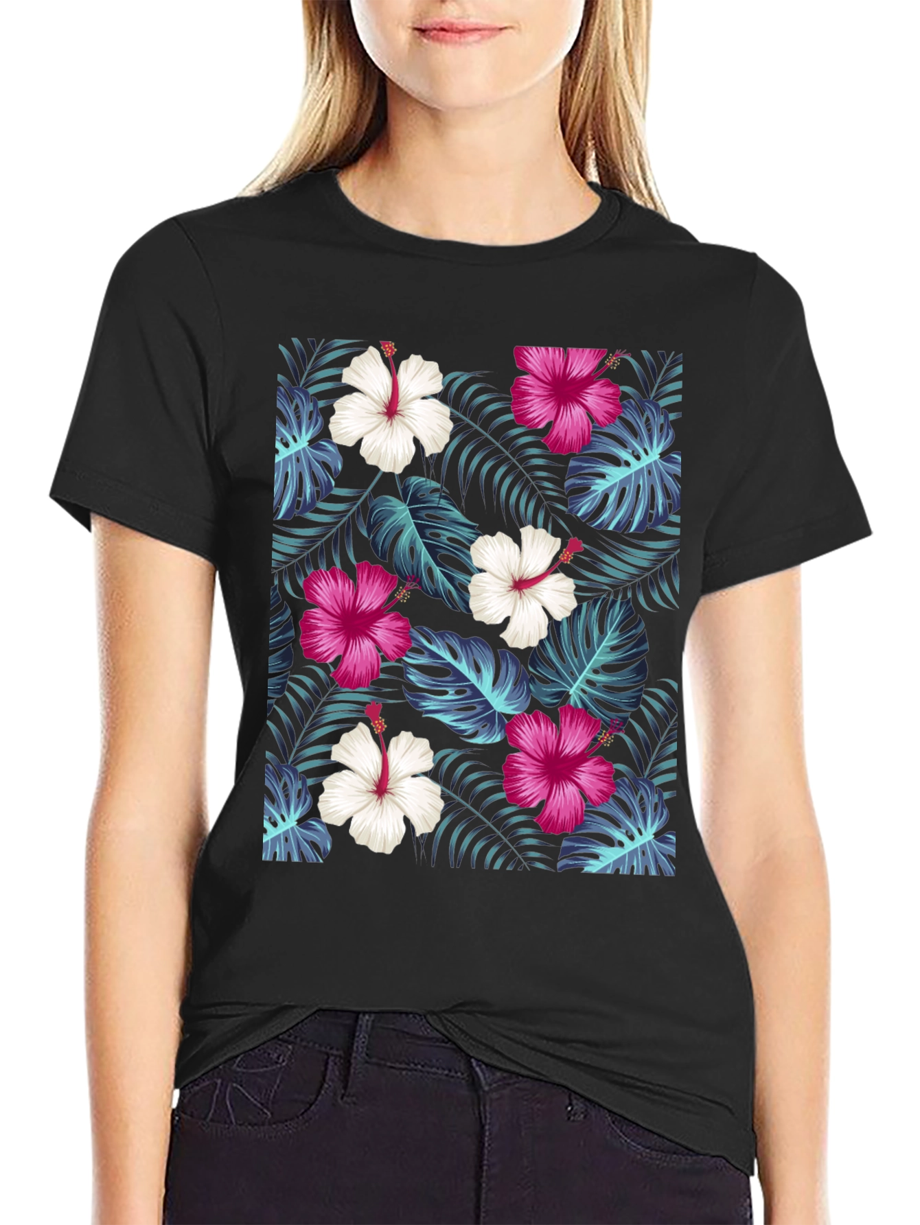 Tropical Floral Print Black T-Shirt
