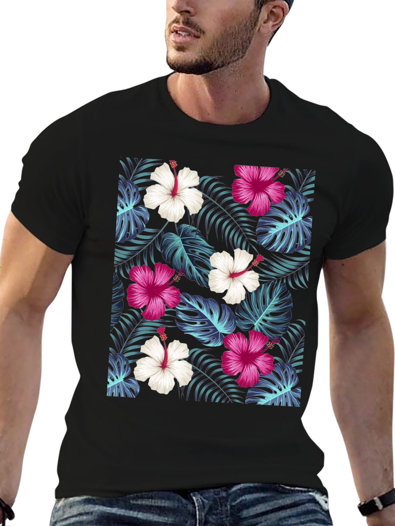 Tropical Floral Print Black T-Shirt