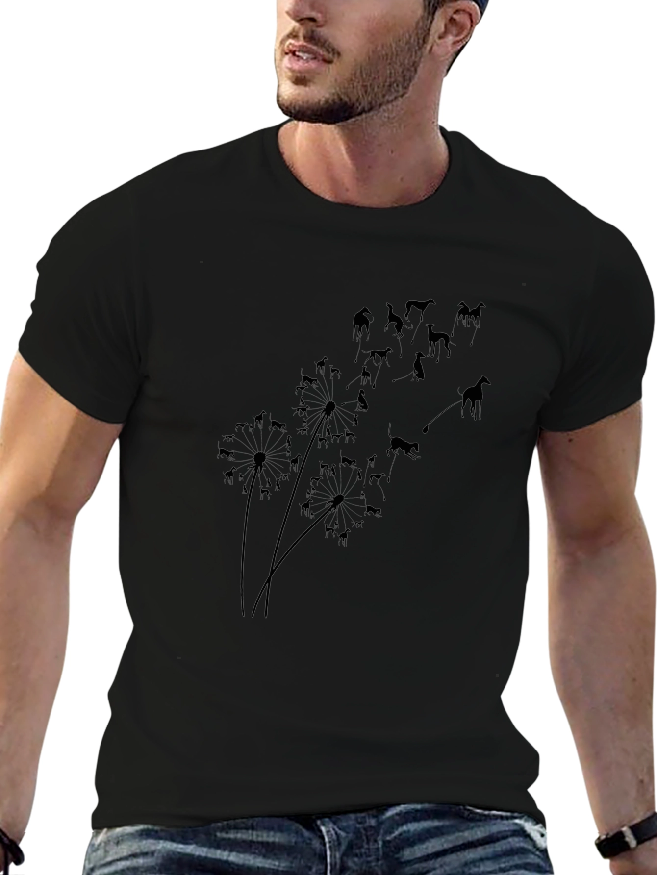 Dandelion Greyhounds Black T-Shirt - Unique Dog Lover Design