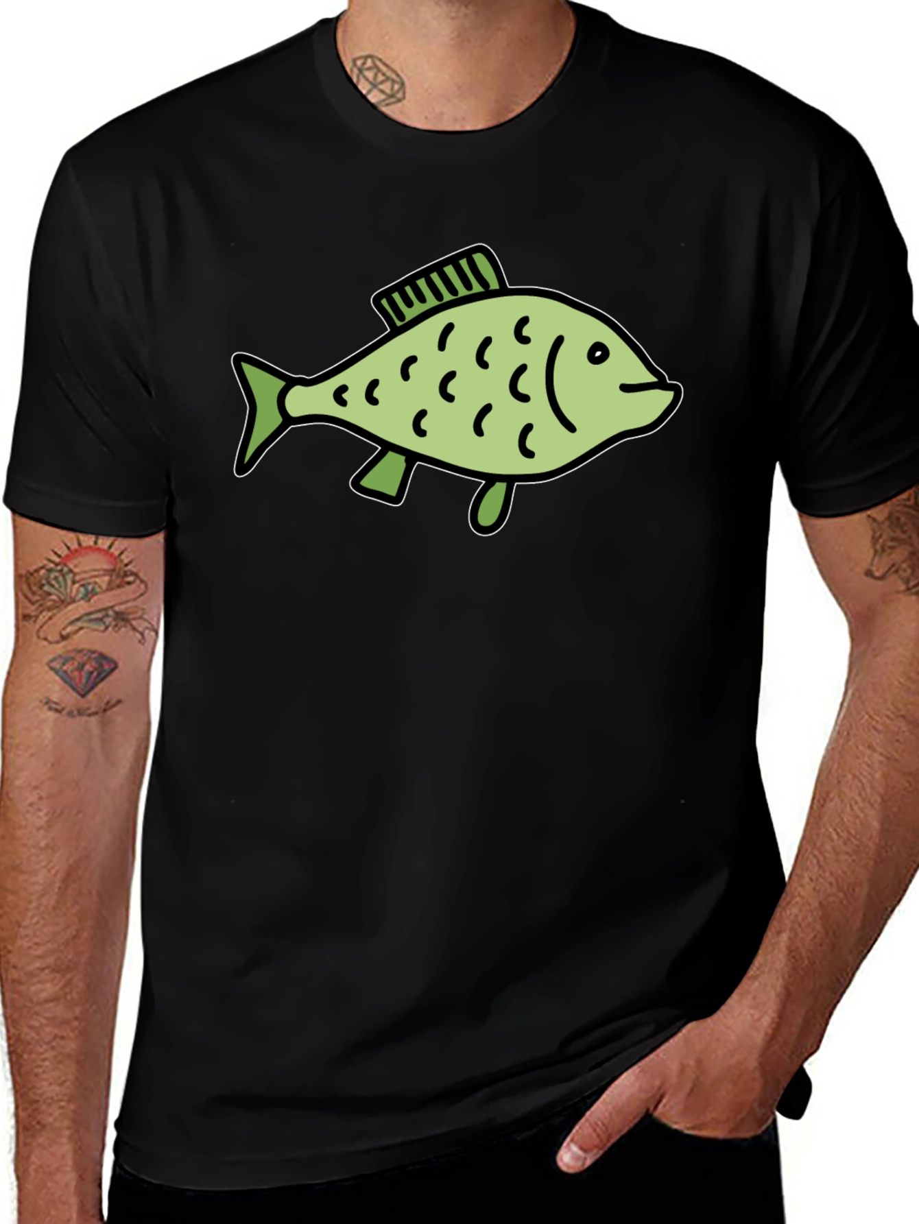 Black T-Shirt with Green Fish Graphic