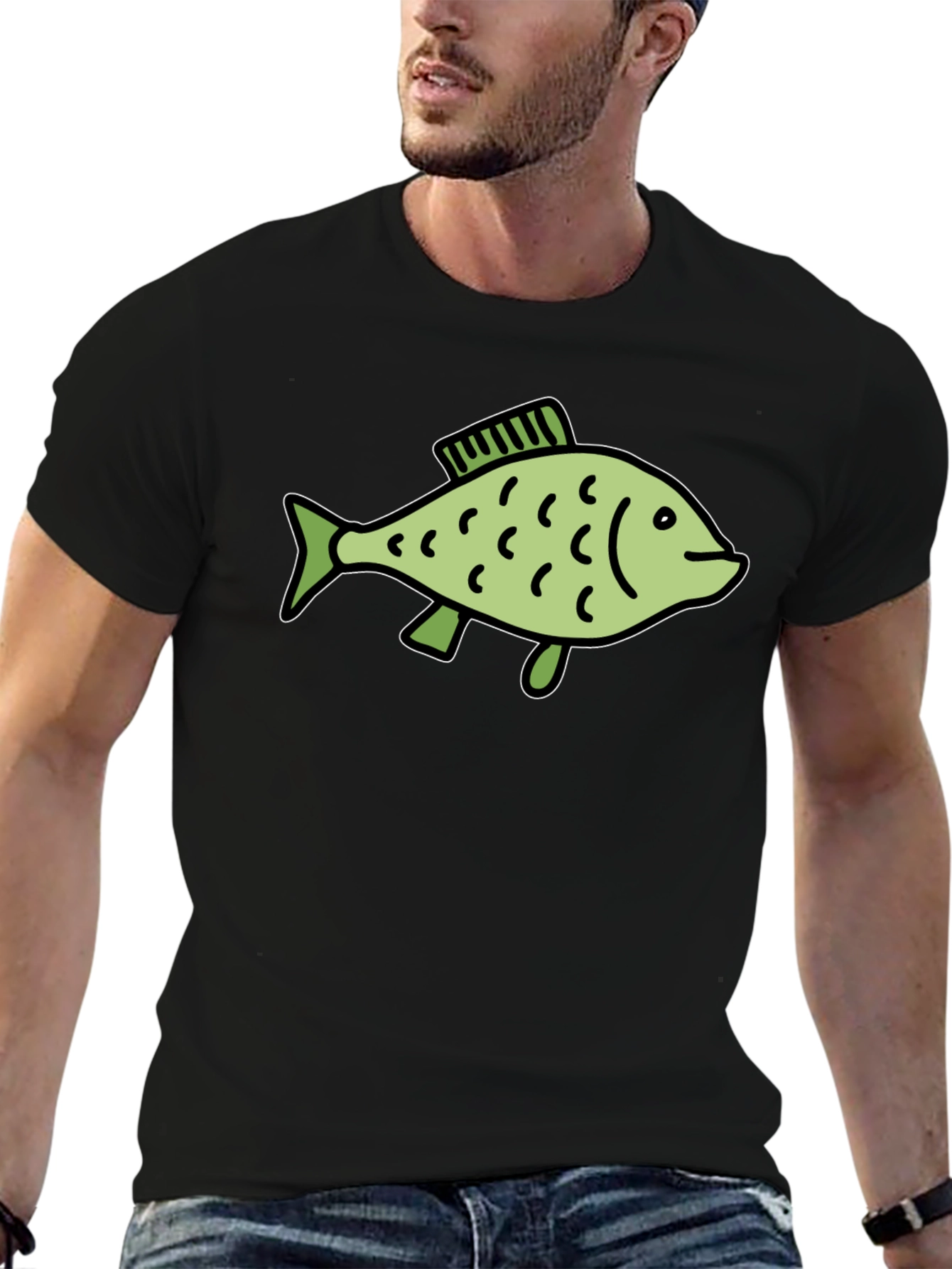 Black T-Shirt with Green Fish Graphic