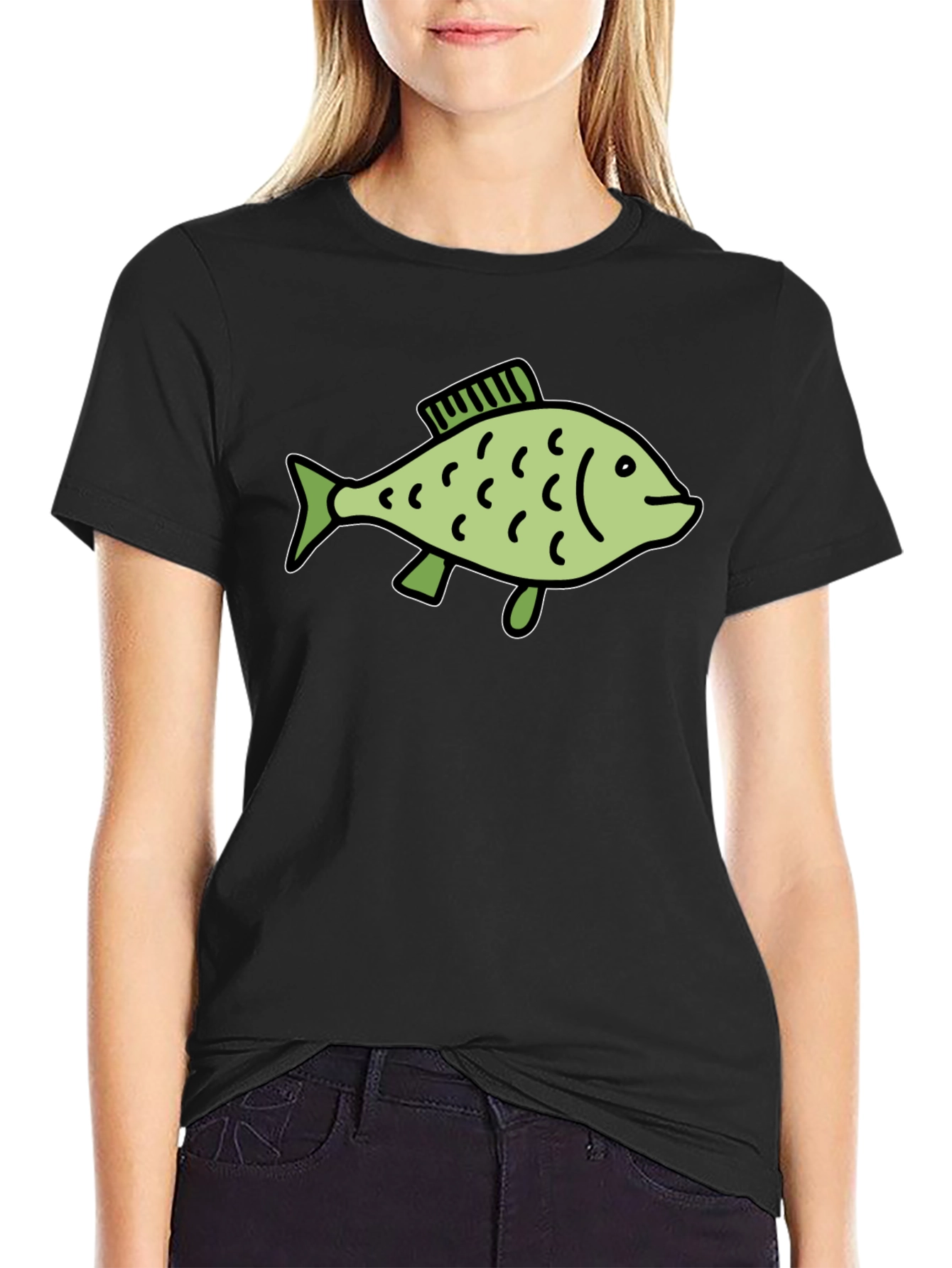 Black T-Shirt with Green Fish Graphic