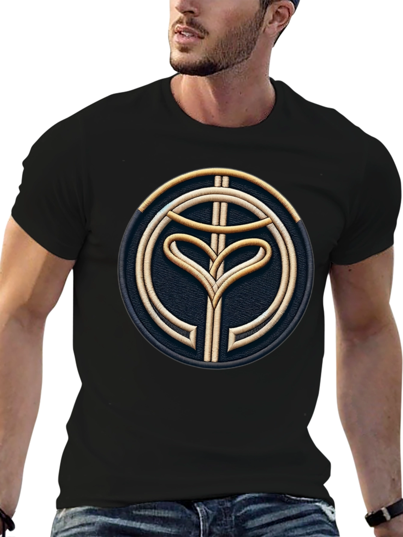 Embroidered Emblem Black Tee - Modern Style
