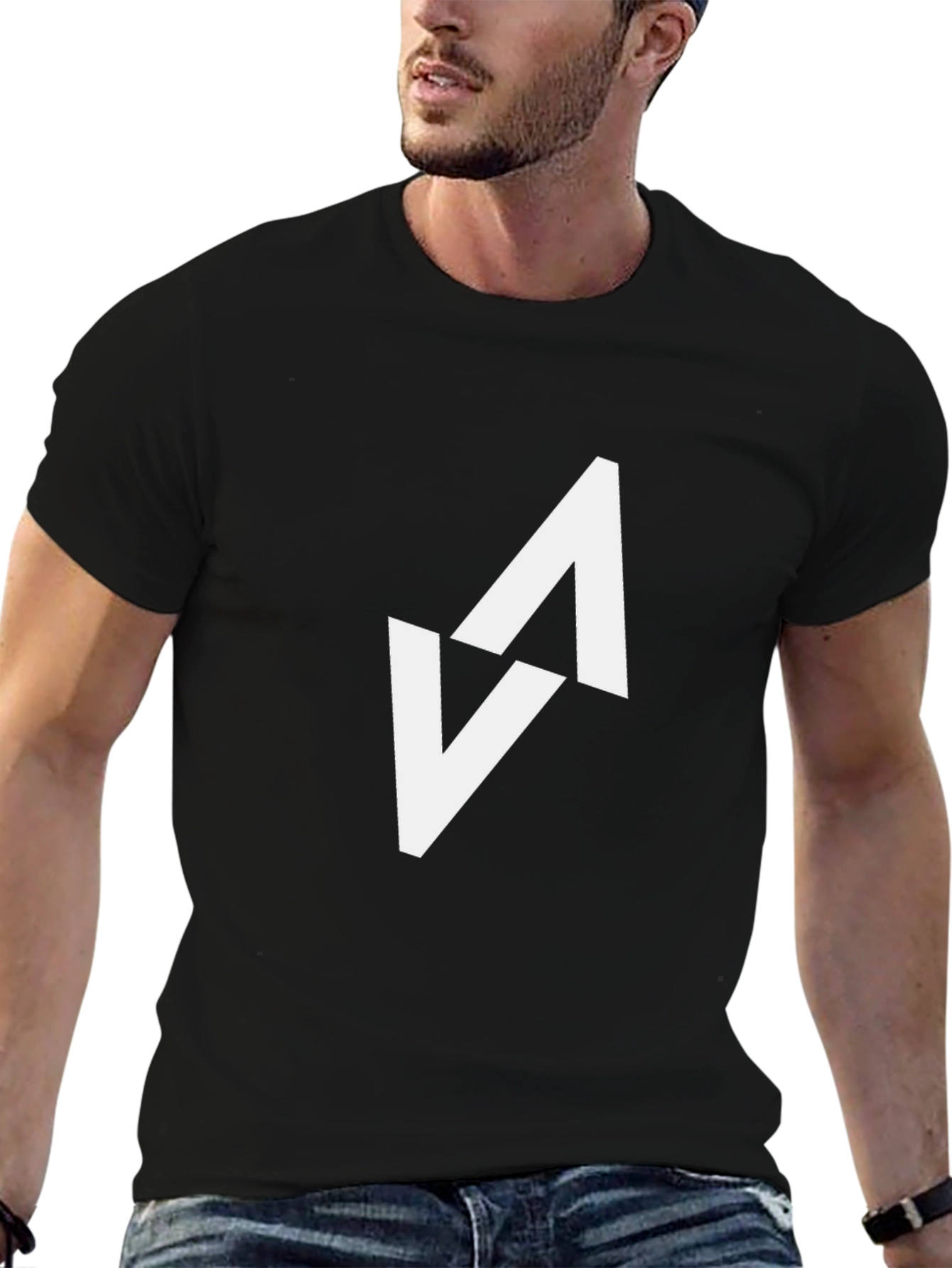 Modern Black T-Shirt with Abstract White Arrow Design