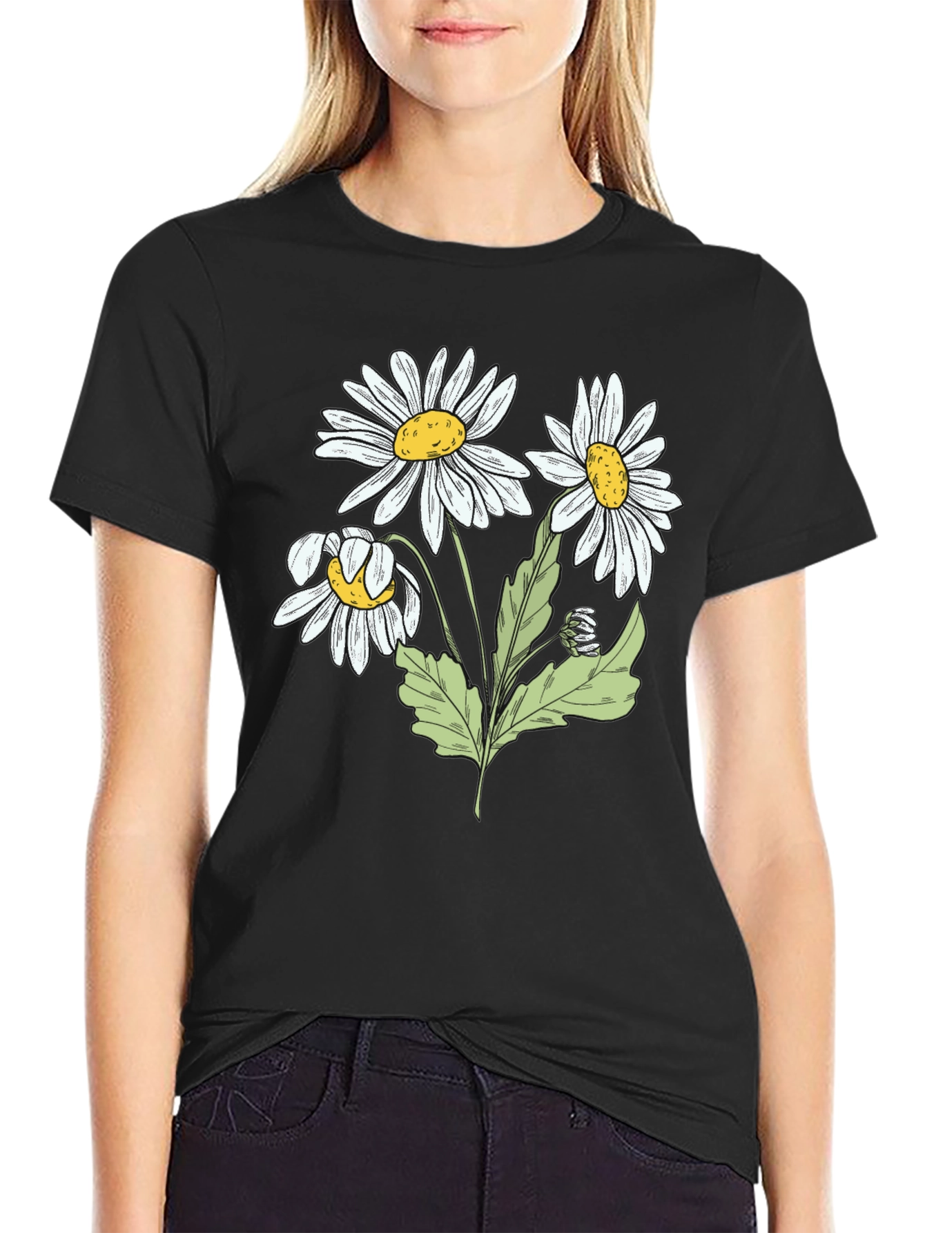 Daisy Graphic Print Black Cotton T-Shirt