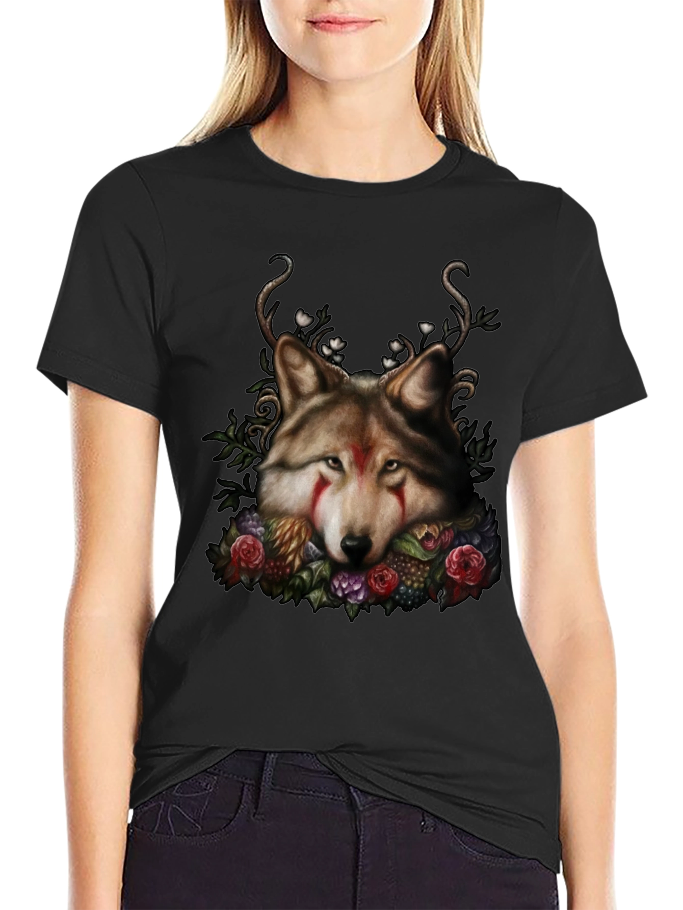 Wolf Floral Black T-Shirt