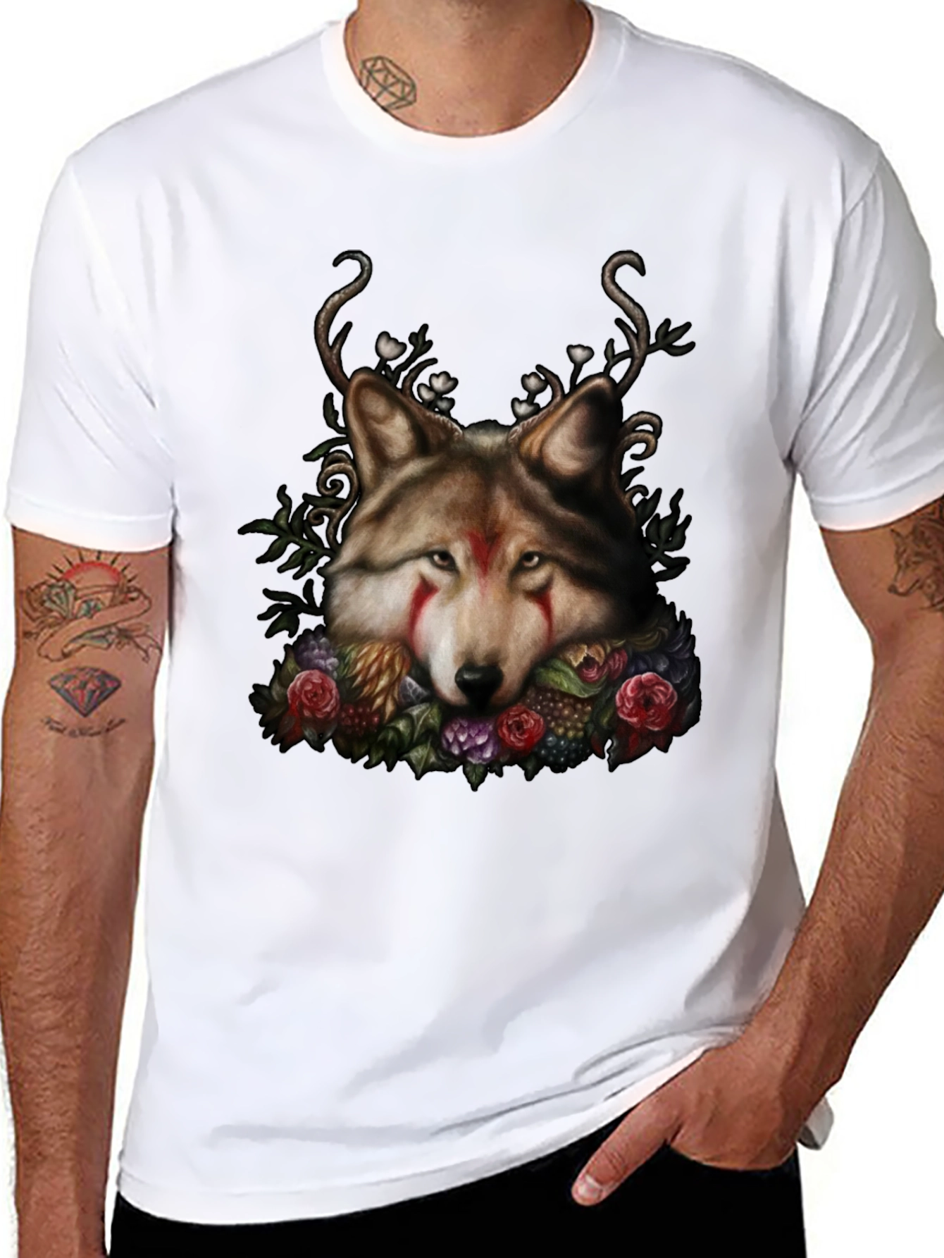 Wolf Floral Black T-Shirt