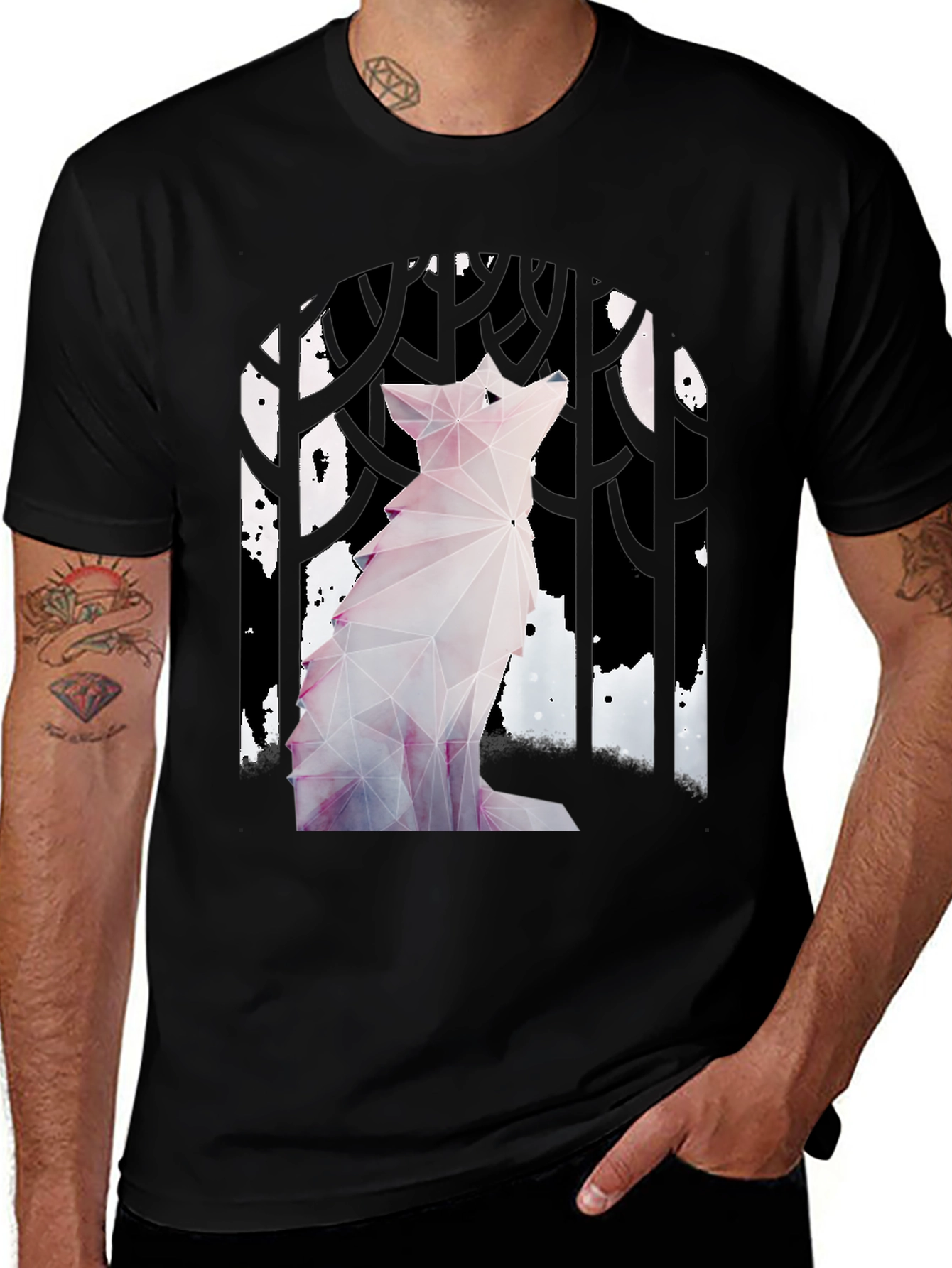 Geometric Wolf Graphic Tee - Black Cotton T-Shirt