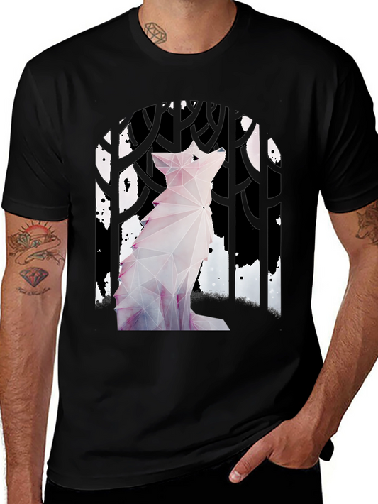 Geometric Wolf Graphic Tee - Black Cotton T-Shirt