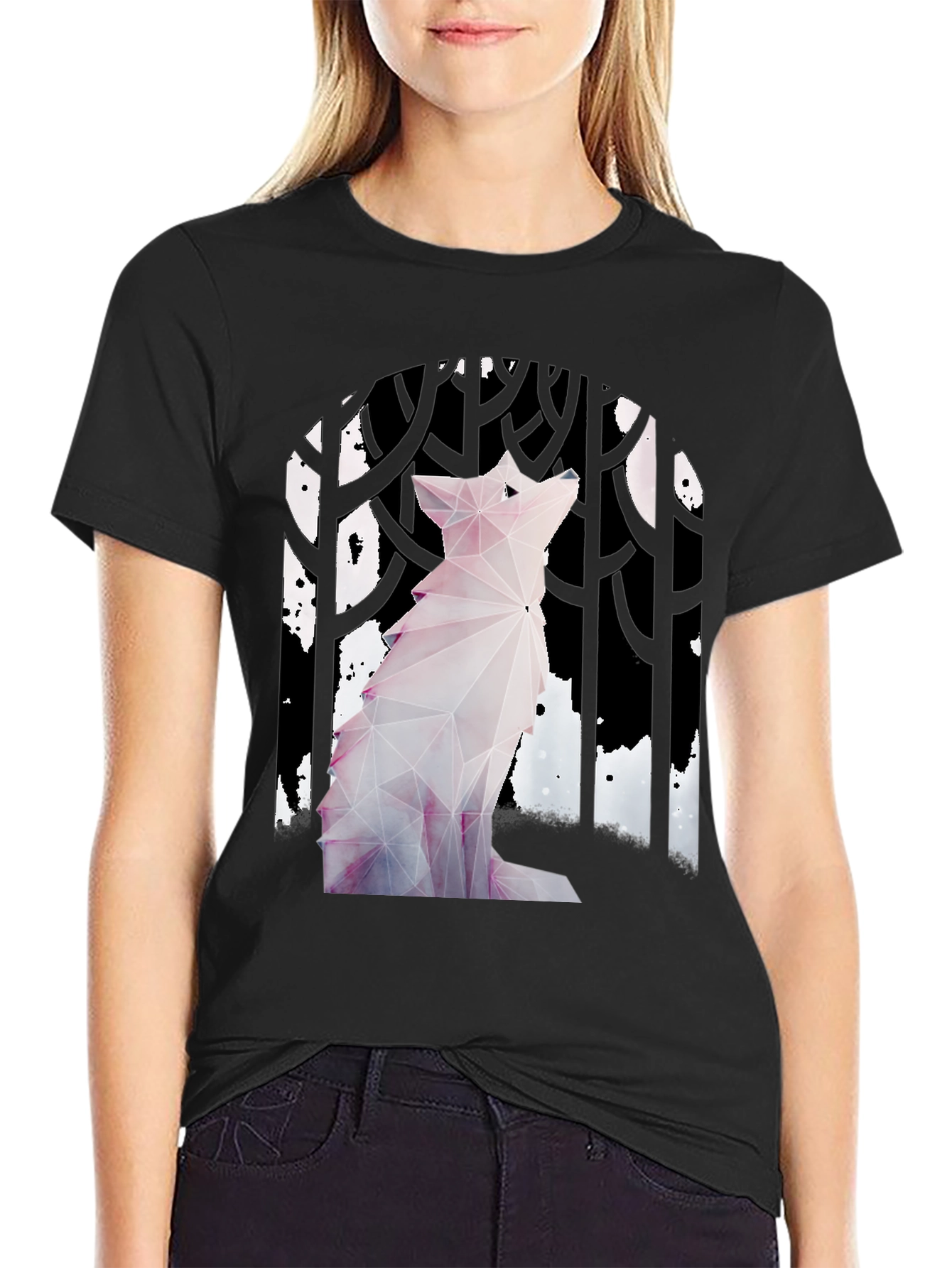 Geometric Wolf Graphic Tee - Black Cotton T-Shirt