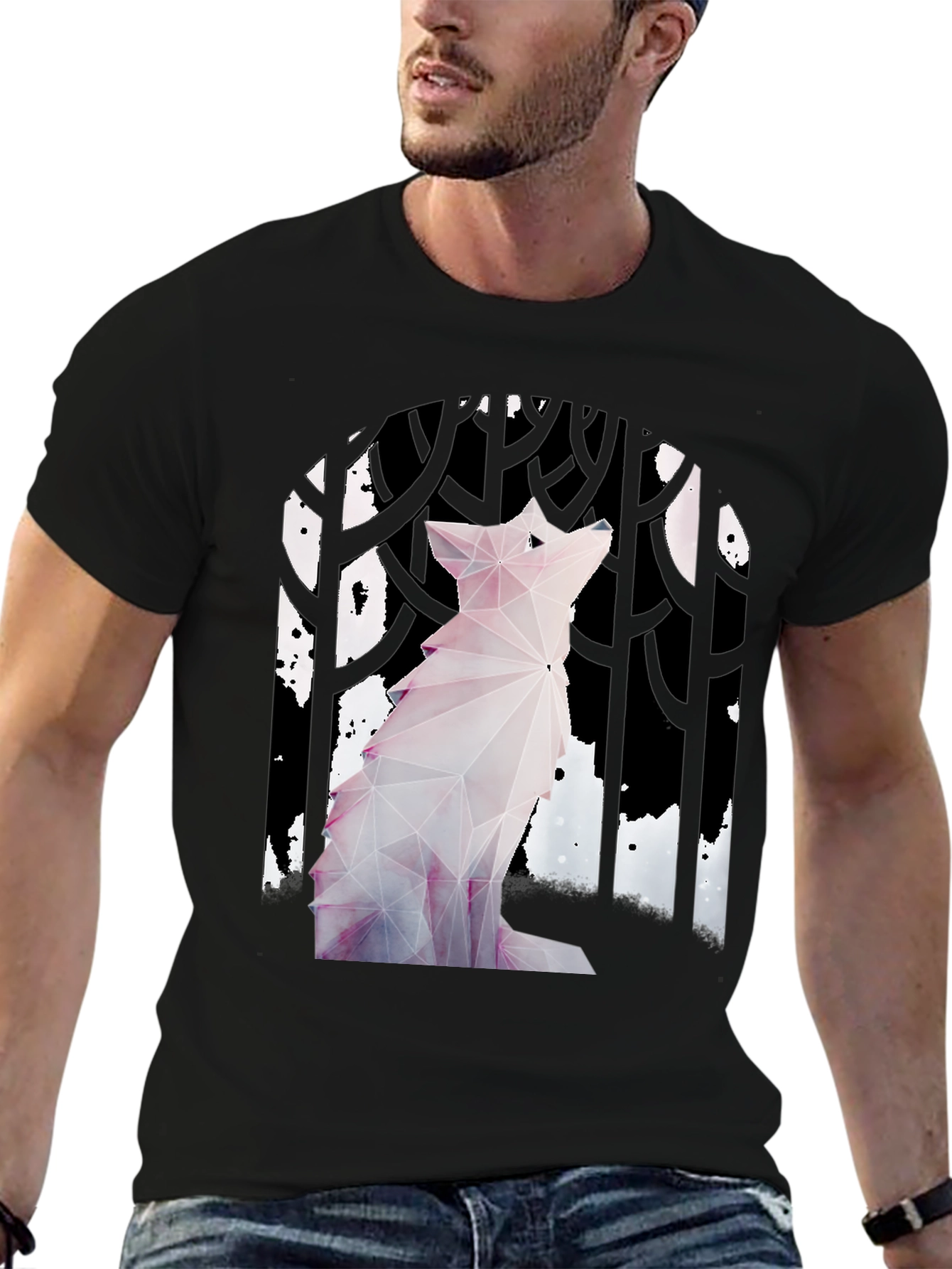Geometric Wolf Graphic Tee - Black Cotton T-Shirt