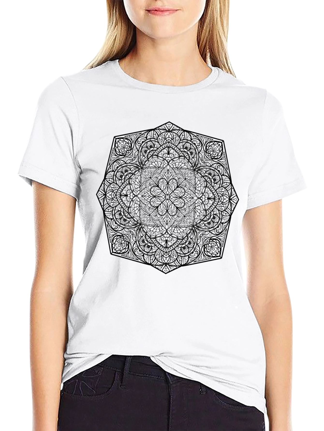 Black Mandala Print Mens T-Shirt
