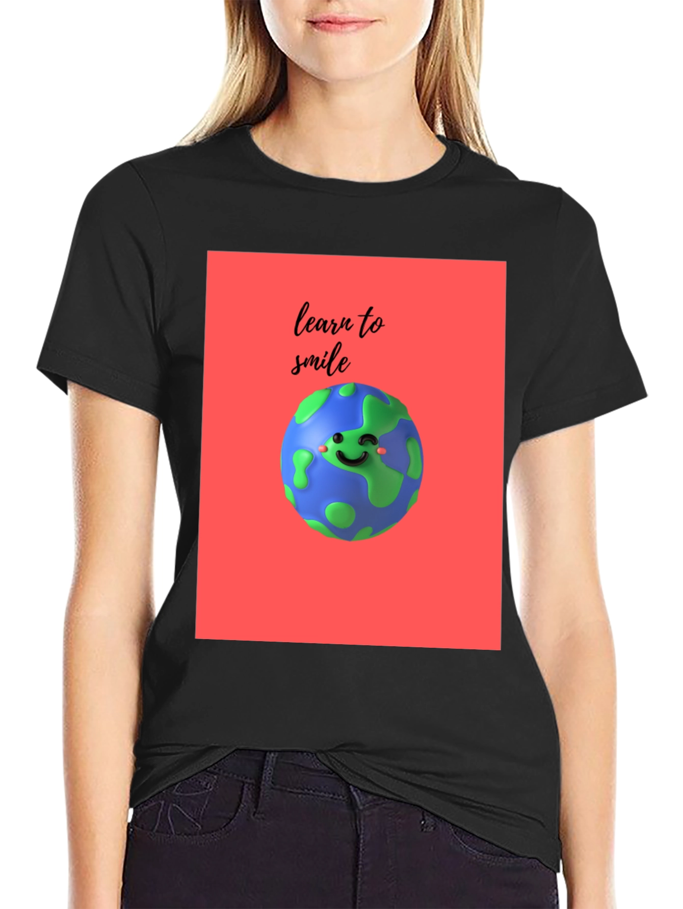Learn to Smile Earth Graphic Black T-Shirt