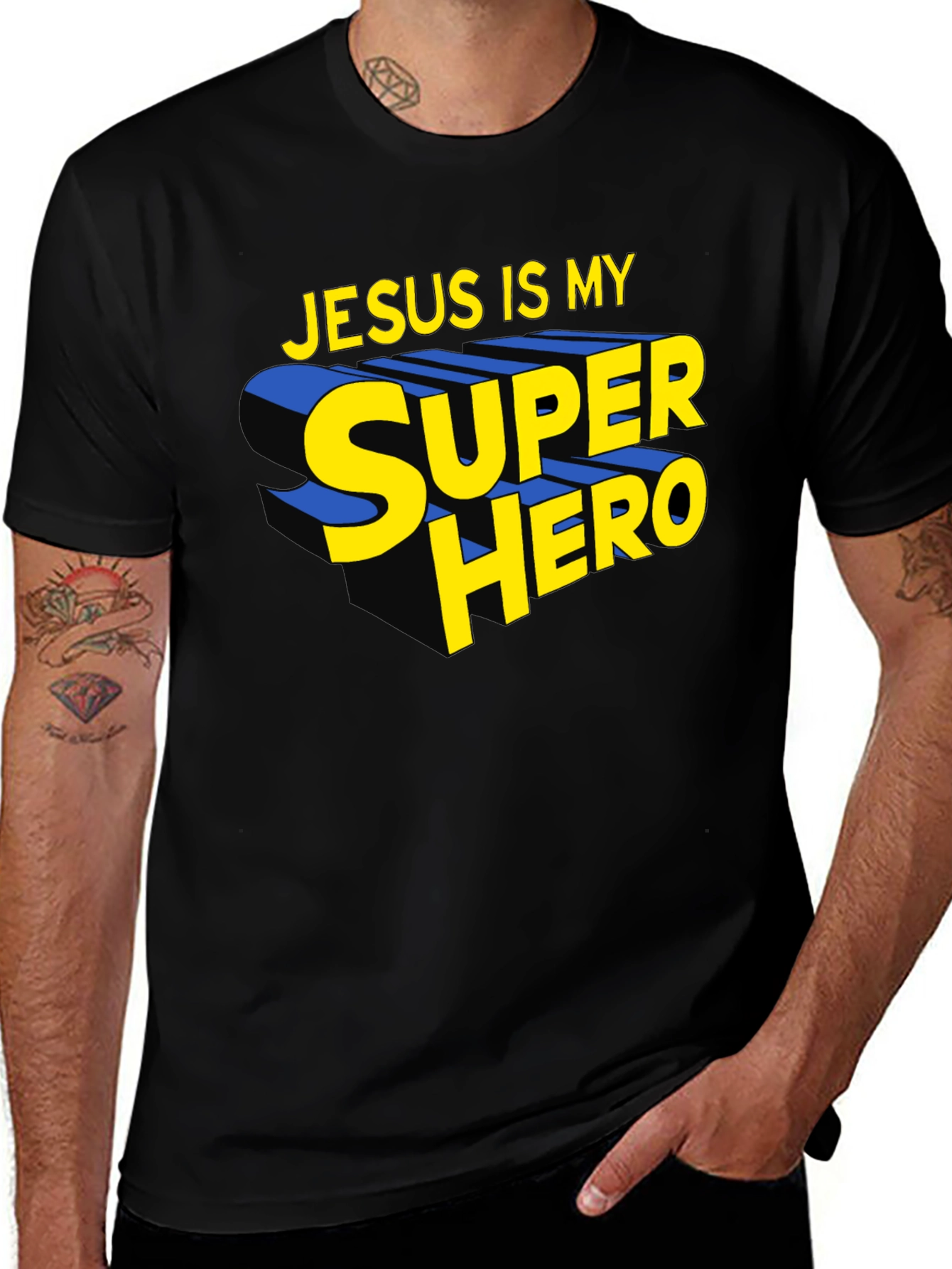 Jesus Is My Superhero Black Graphic Tee