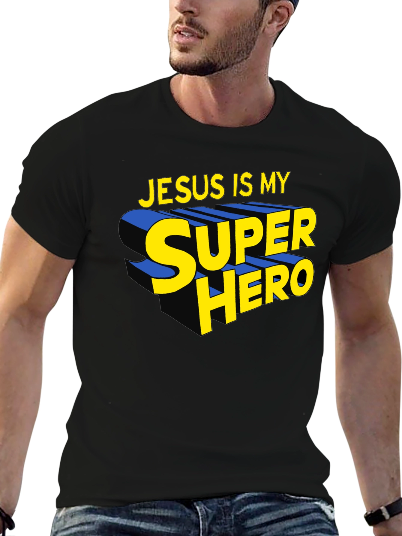Jesus Is My Superhero Black Graphic Tee