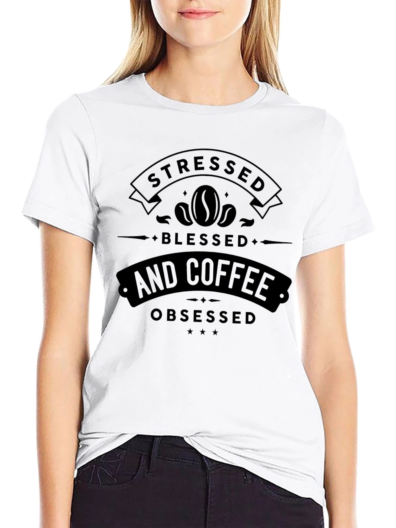 Stressed Blessed Coffee Obsessed Black Graphic Tee