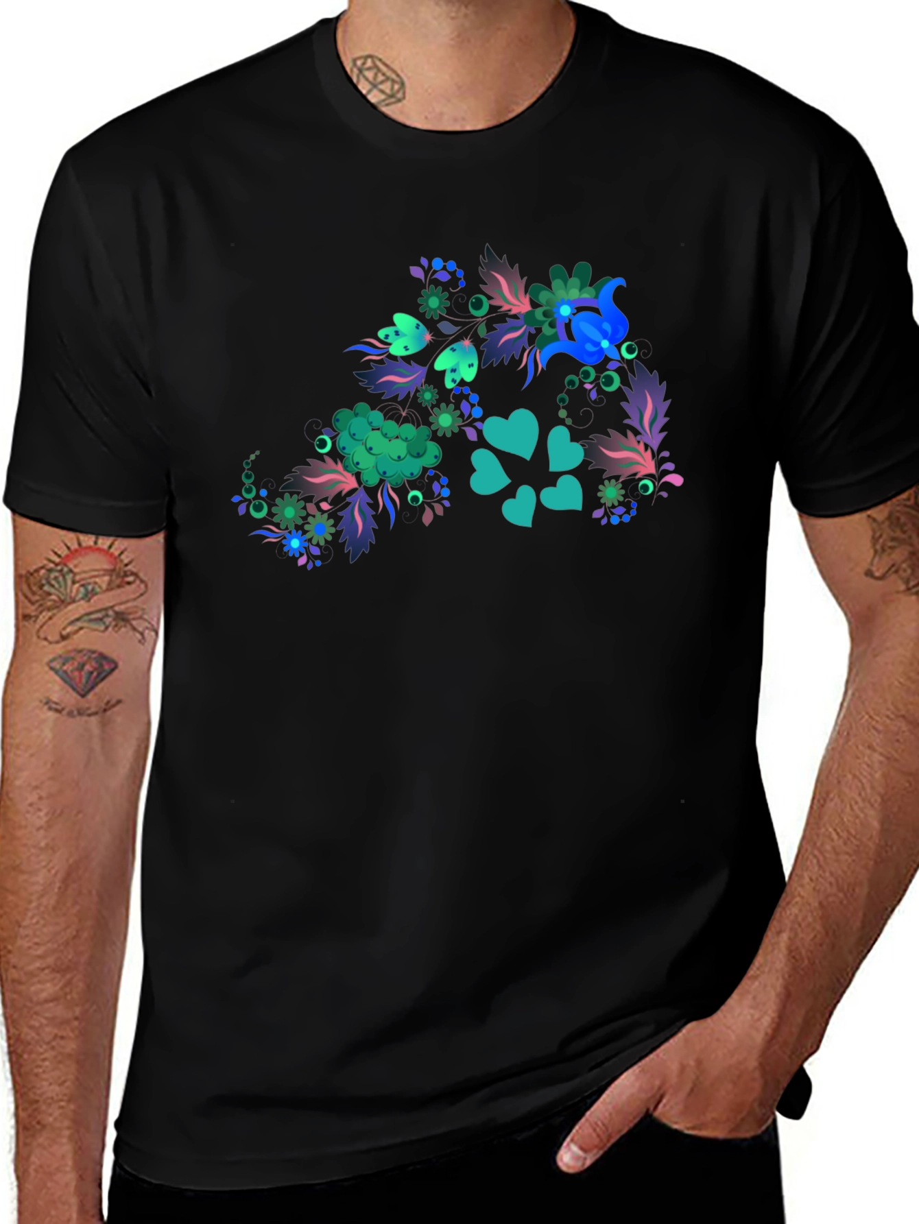 Floral Heart Tee - Mens Black T-Shirt