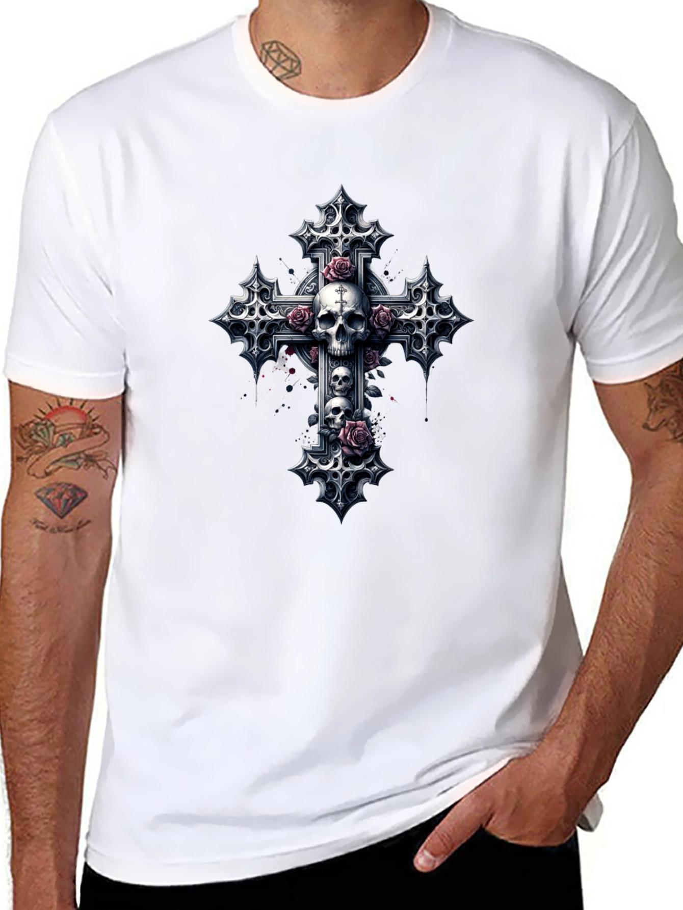 Skull & Roses Gothic Cross Black T-Shirt