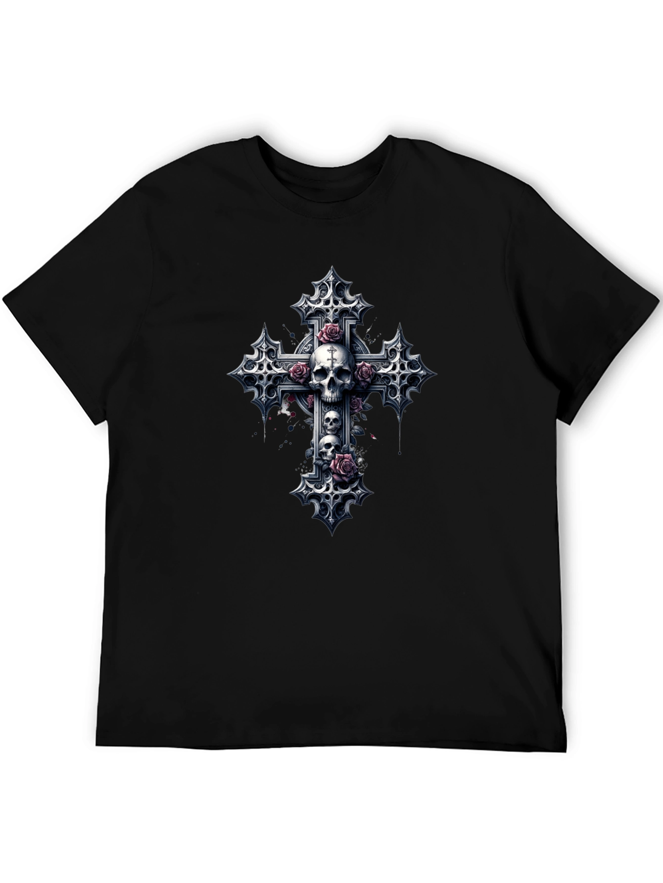 Skull & Roses Gothic Cross Black T-Shirt