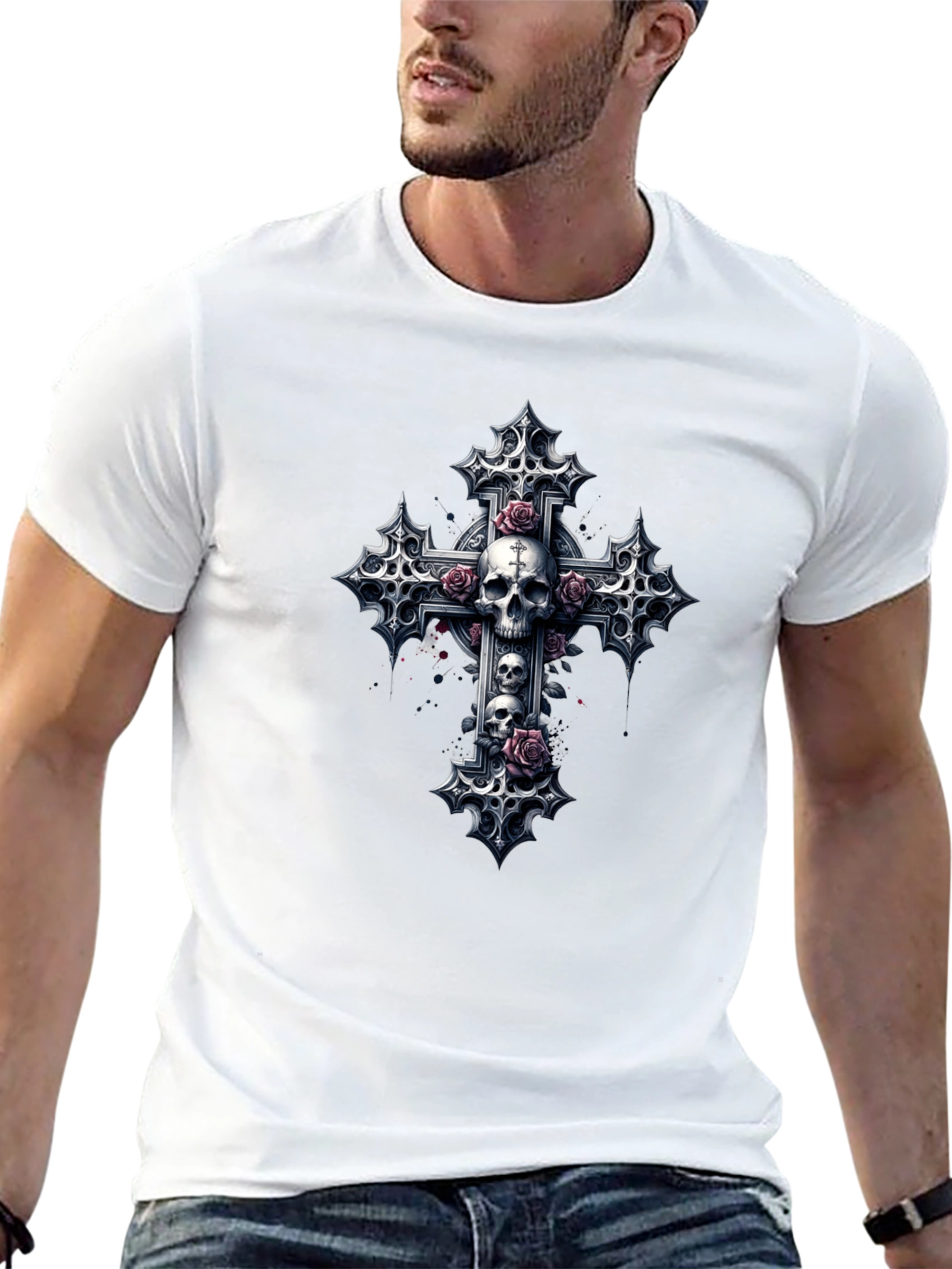 Skull & Roses Gothic Cross Black T-Shirt