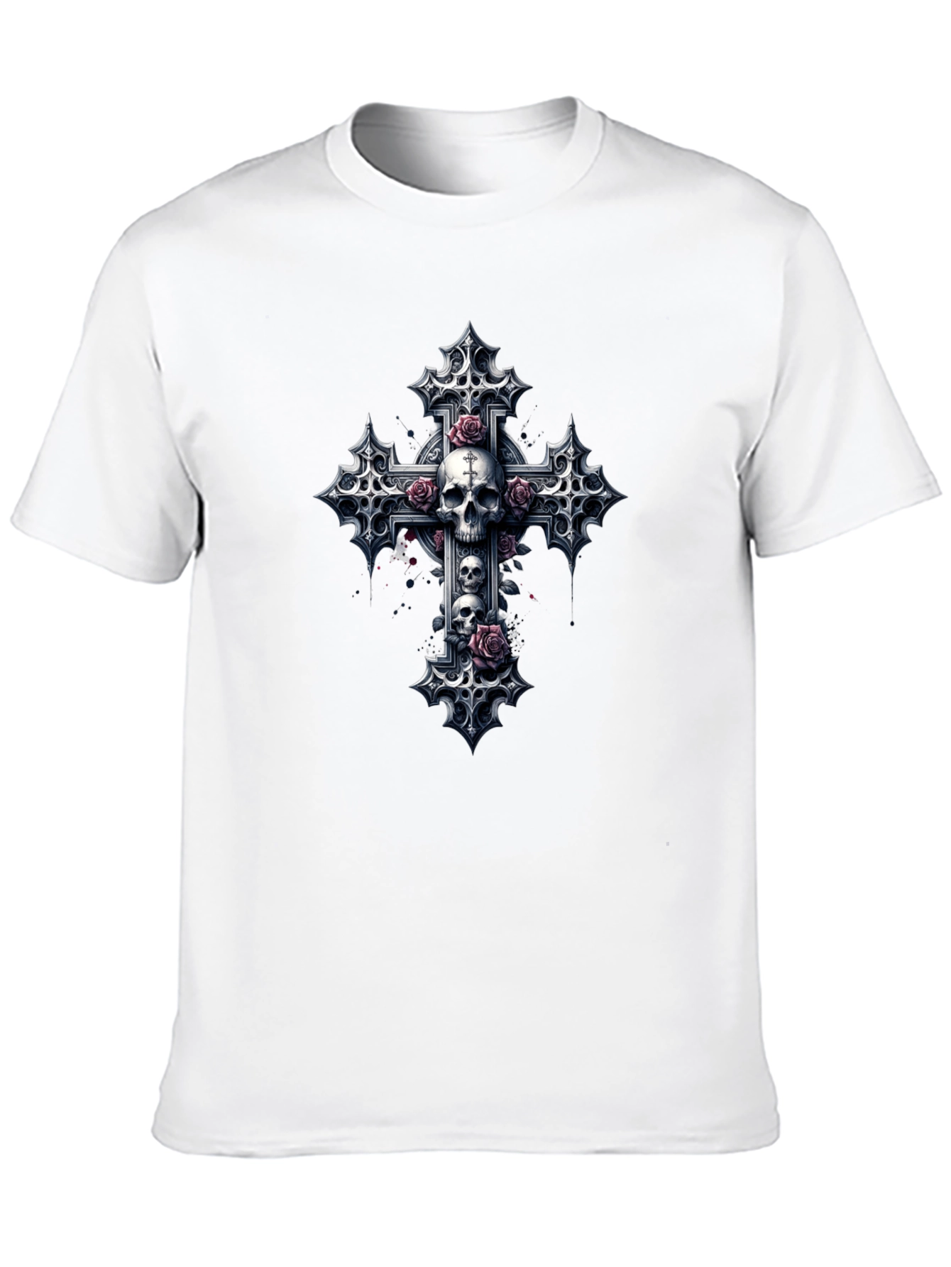 Skull & Roses Gothic Cross Black T-Shirt