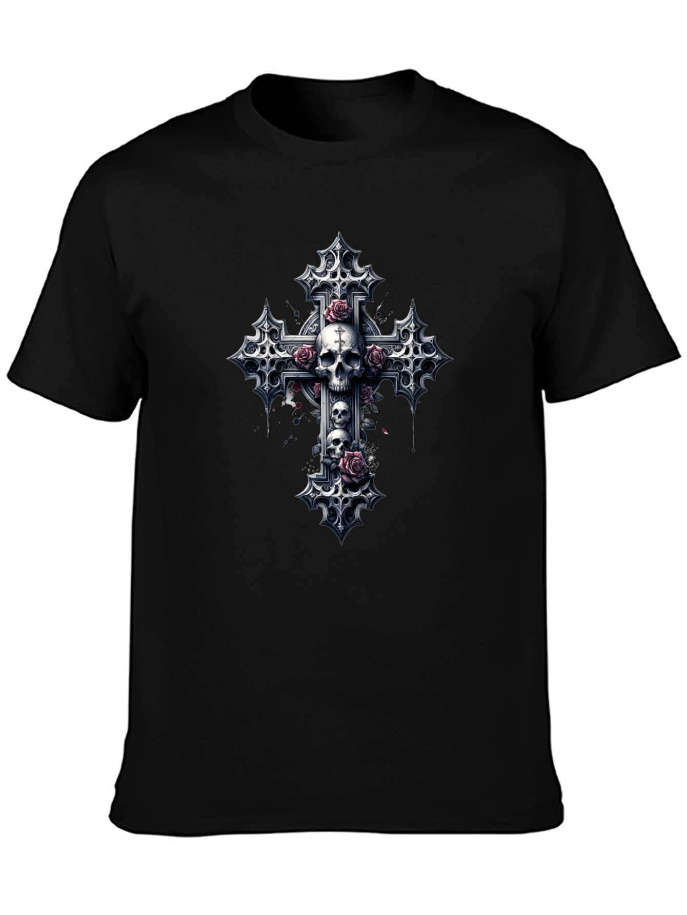 Skull & Roses Gothic Cross Black T-Shirt