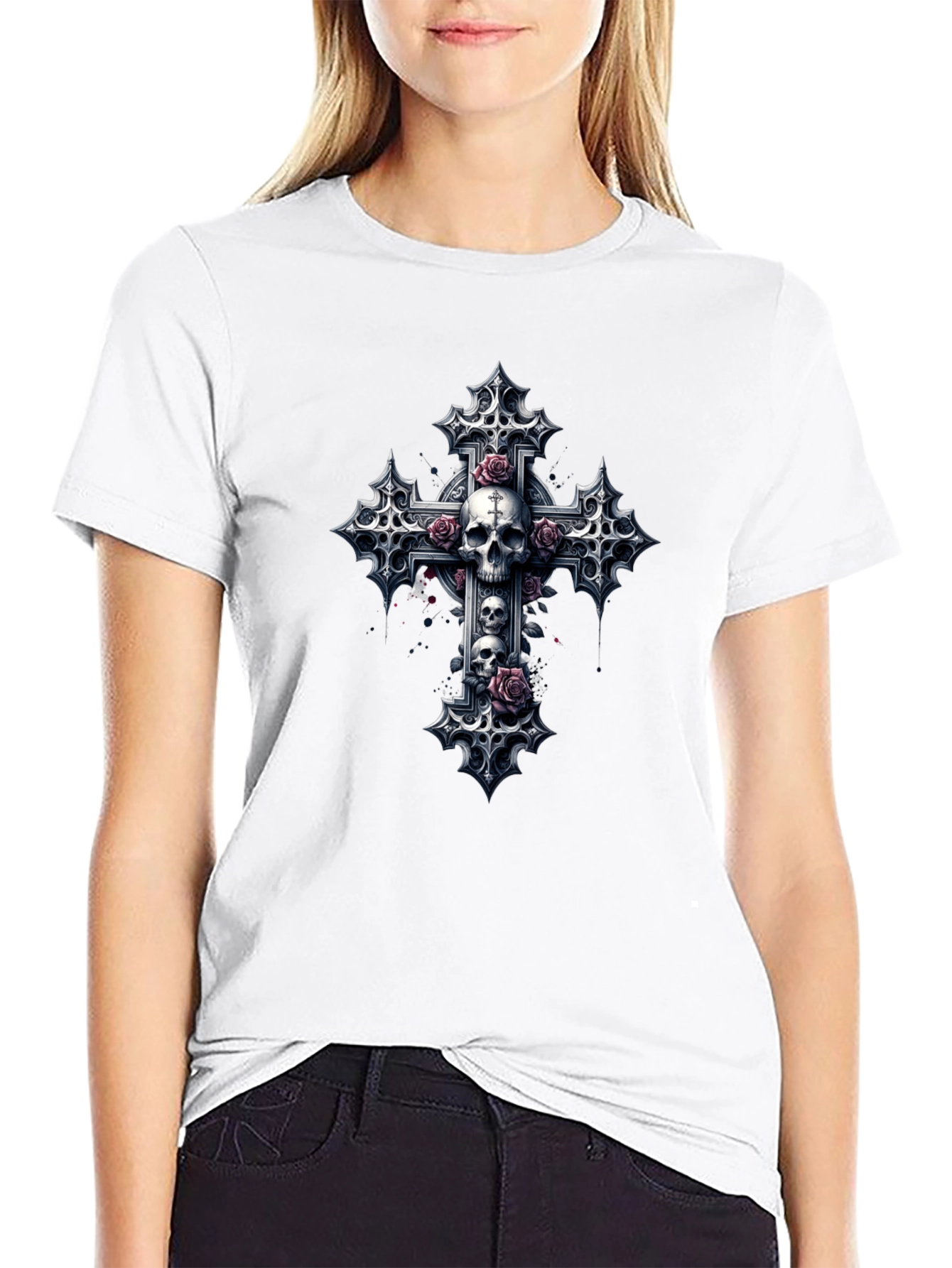 Skull & Roses Gothic Cross Black T-Shirt