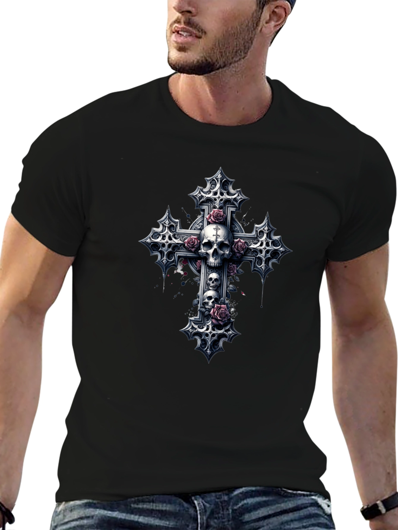 Skull & Roses Gothic Cross Black T-Shirt