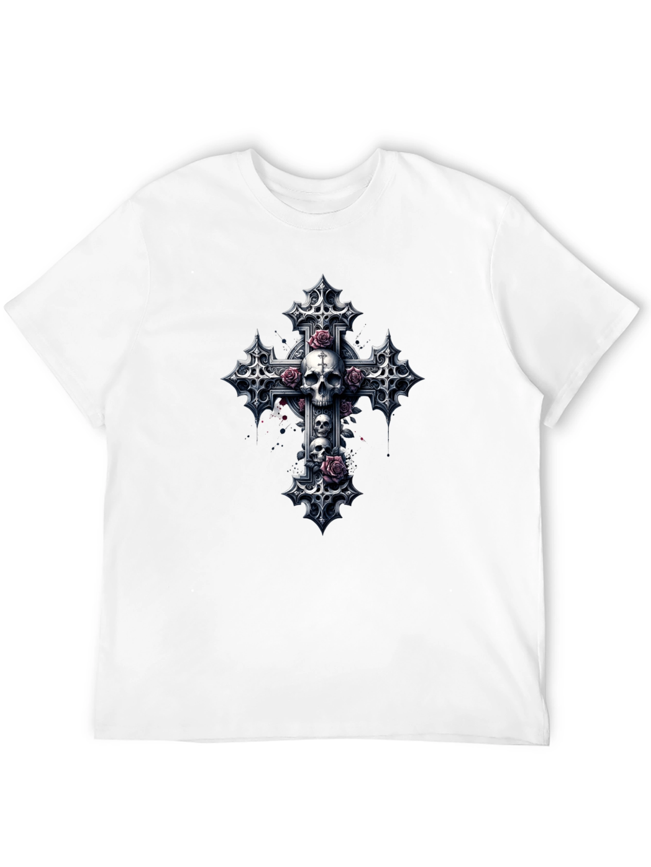 Skull & Roses Gothic Cross Black T-Shirt