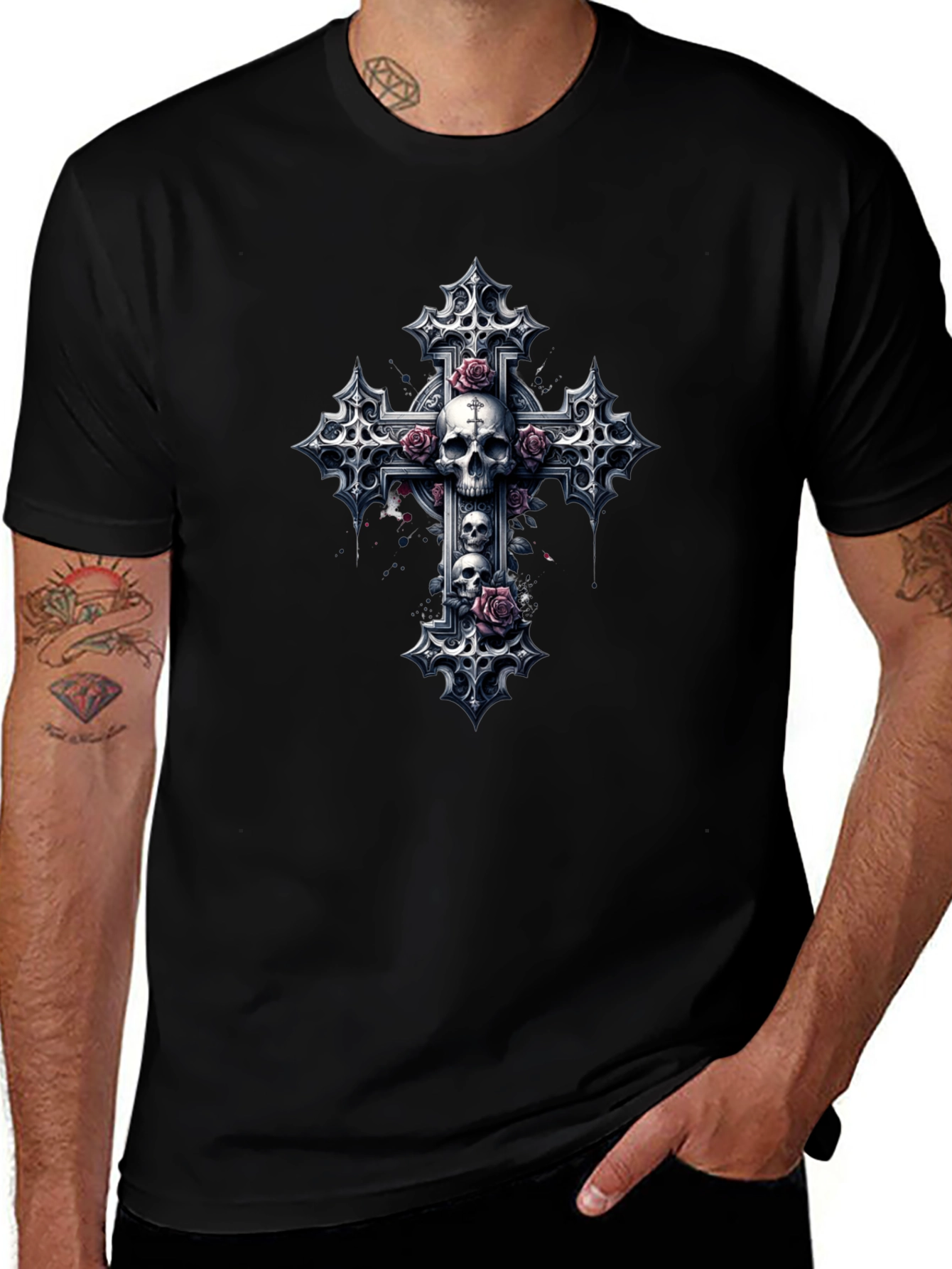 Skull & Roses Gothic Cross Black T-Shirt